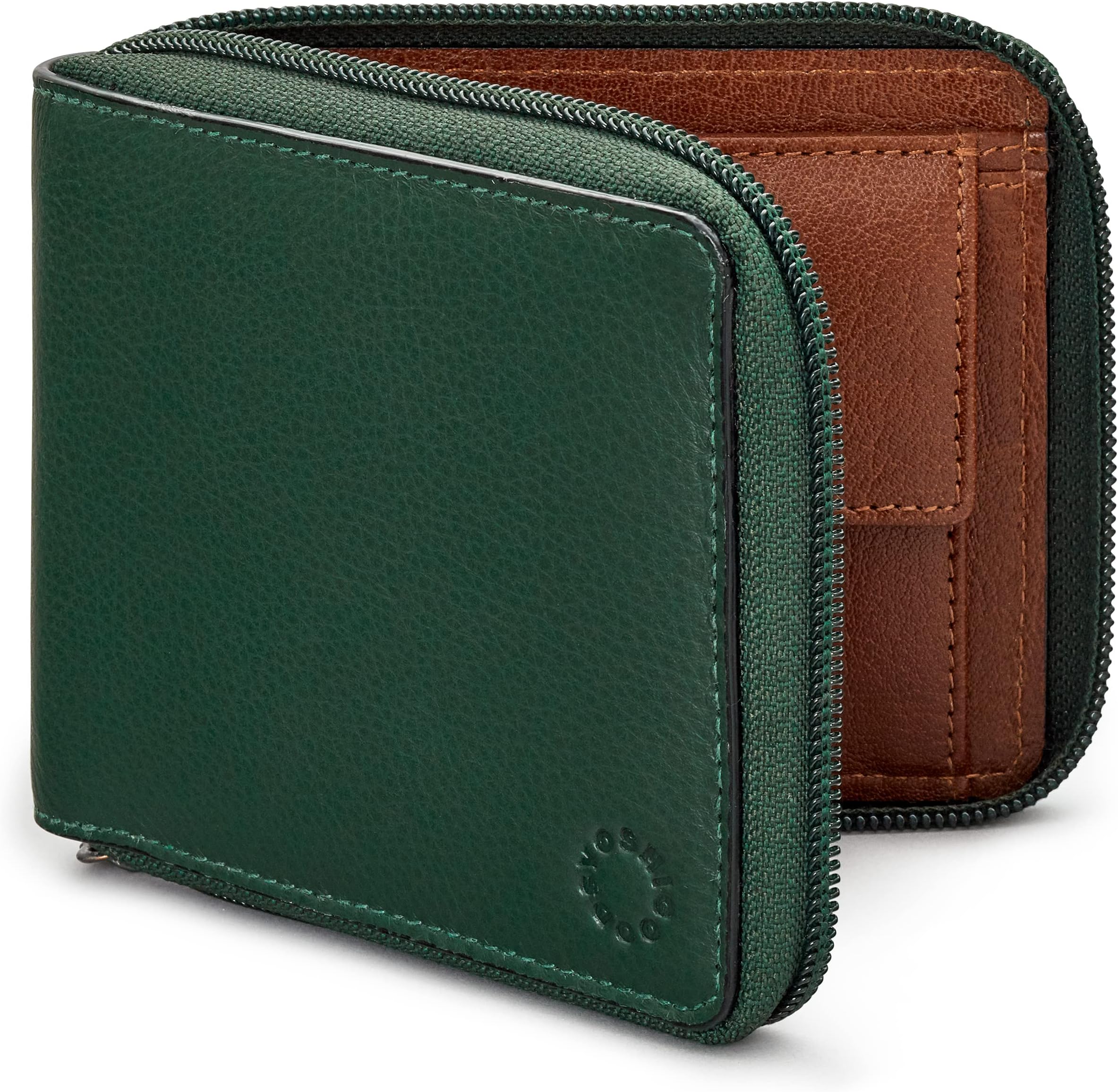 Mens RFID Blocking Full Zip Around Leather Coin Pocket Wallet (Green/Brown)