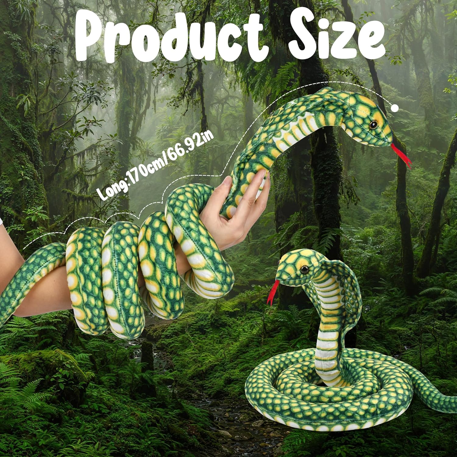 Romart Cobra Snake Stuffed Animal: 67-inch Large Realistic Cobra Plush Toy Long Giant Lifelike Stuffed Animals Snake Plushie Gifts for Kids Boys Girls Christmas, Wild Animals Party Decor(Green)