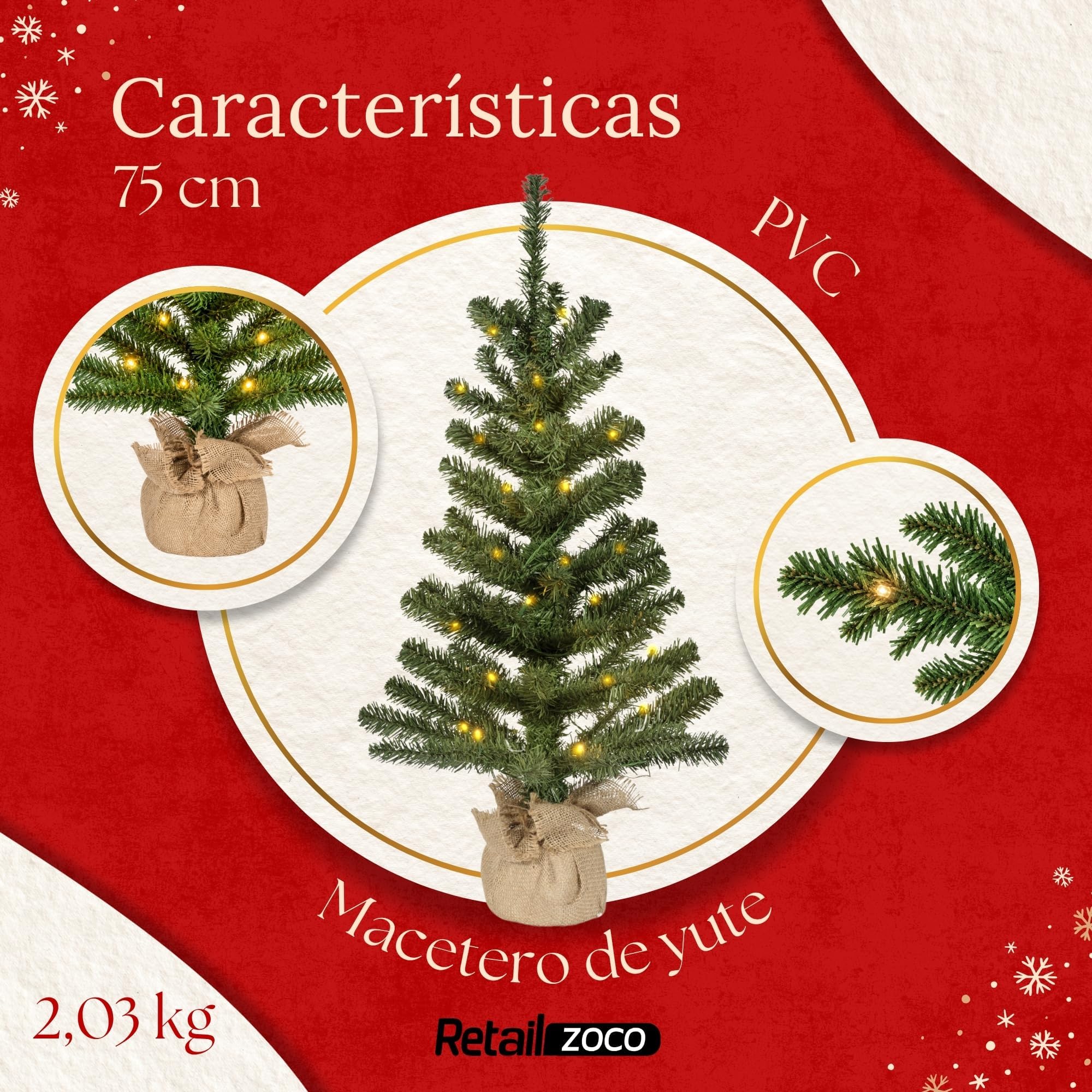 Mini Árbol de Navidad Iluminado 75 cm, 35 LED Cálidos y Base de Yute - imagen 4