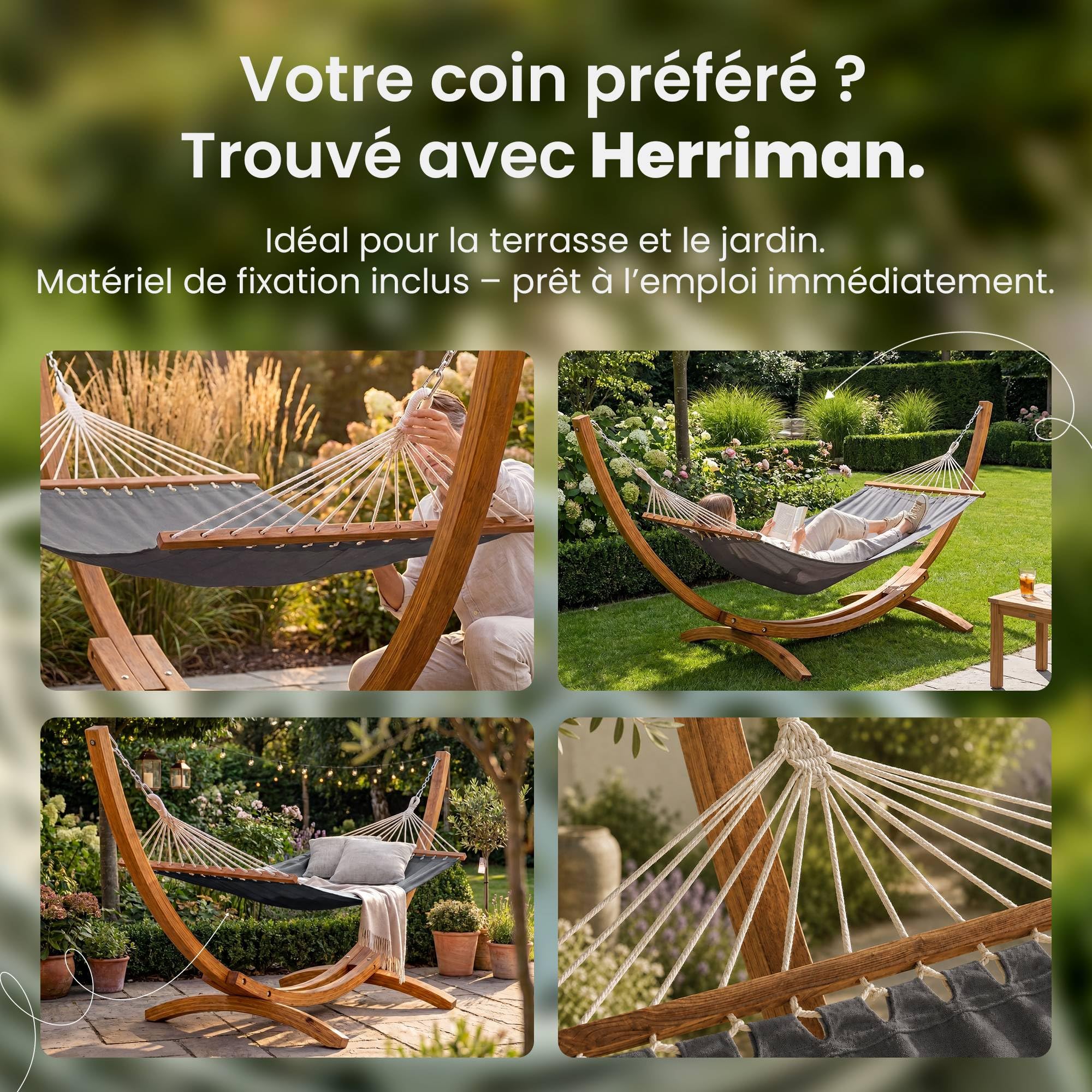 CLP Hamac avec Support Herriman, Support en Bois d'eucalyptus autoportant, pour Jardin et terrasse, 2 Personnes, Charge Max 160 kg, Couleur:Gris
