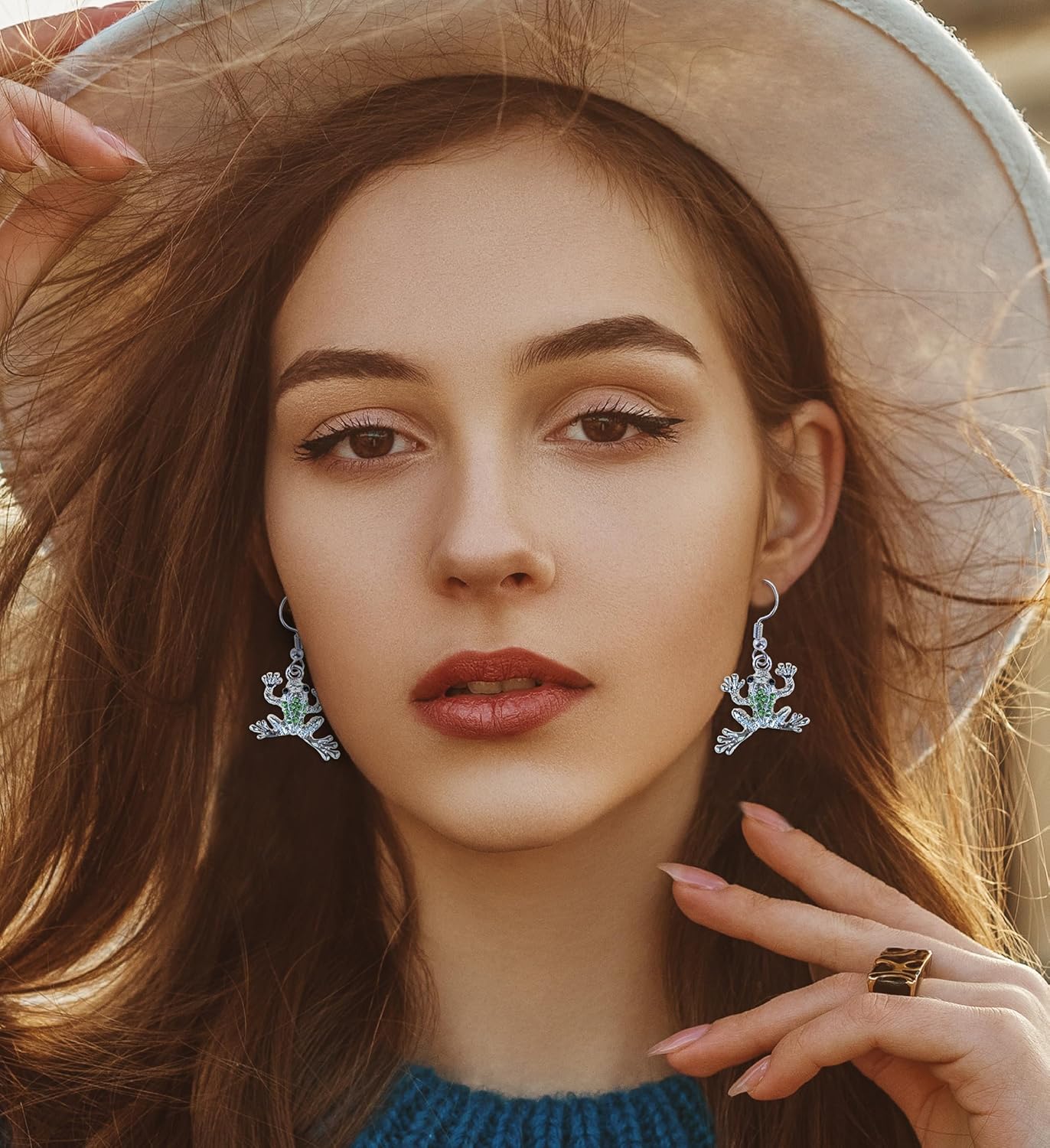 Aqua79 Silver and Green Frog Dangle Earrings - Rhinestone Bohemian Dangle Earrings for Women and Teens, Zinc Alloy Fish Hook Earrings, Frog Animal Earrings - 1.5 Inches - Image 6