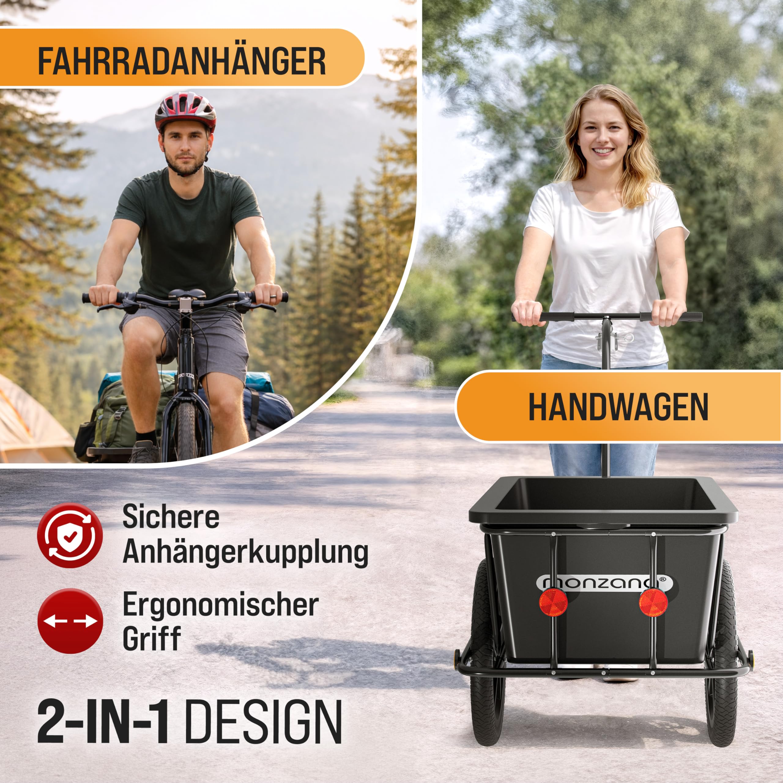 MONZANA® Remolque para Bicicleta 90L Carga 80Kg Incl.Acoplamiento Cesta extraíble Bici Lona Equipaje Compras