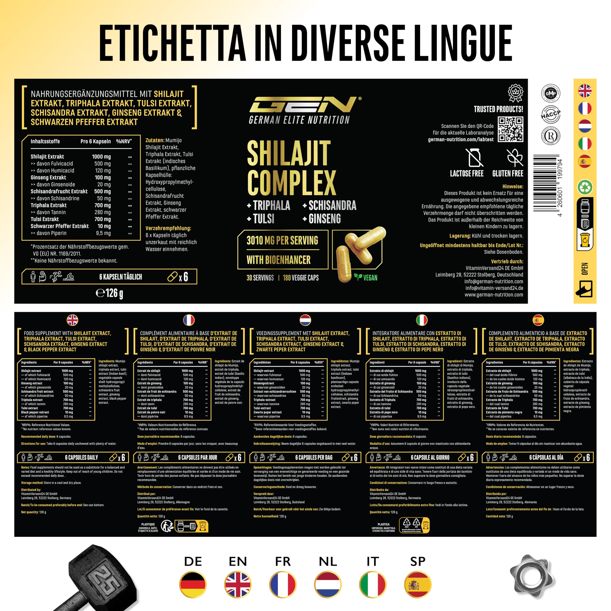 Shilajit Complex - 180 capsule - Altamente dosato con 3010 mg per dose giornaliera - Con ginseng, schisandra, triphala, estratto di tulsi, 50% di acido fulvico e 12% di acido umico - Vegano