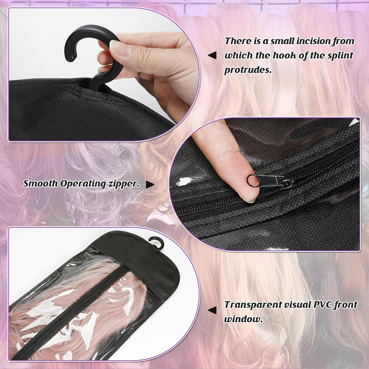 KOLLIEE 6 Pcs Wig Bags Storage with Wig Hanger Dust-proof for Multiple Wigs Hanging Storage Bags Organizer Foldable Easy Carry Suitable for Home Travel Hair Salon Black