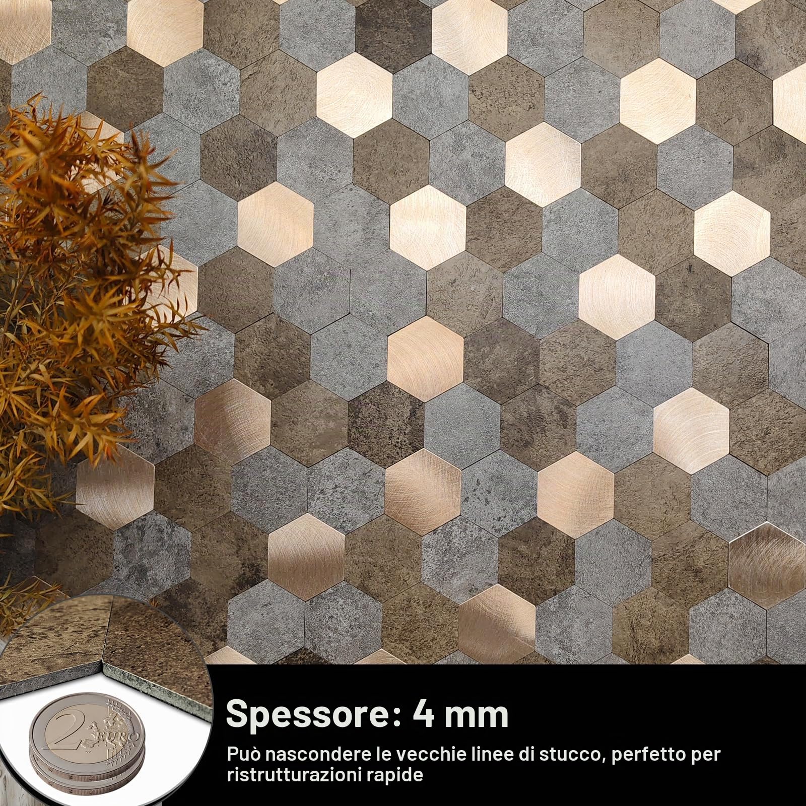 Set di 10 fogli per piastrelle da parete autoadesive in metallo spazzolato, spessore 4 mm, super resistente