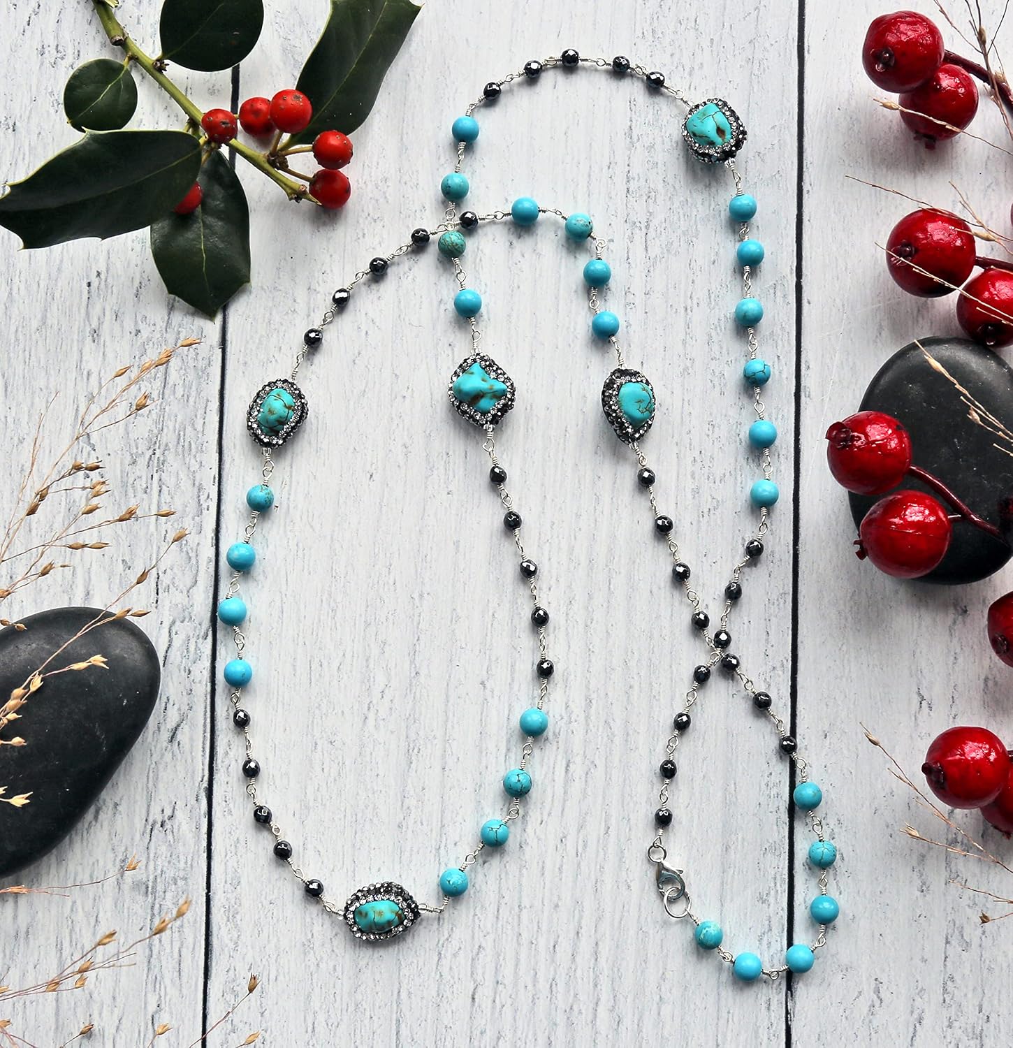 MGR MY GEMS ROCK! Hand Crafted Natural Gemstone Turquoise Color Baroque Turquoise Druzy and Hematite Wire Wrapped and Wire Twisted Long or Double Strand Station Necklace for Women or Men, 33" long.