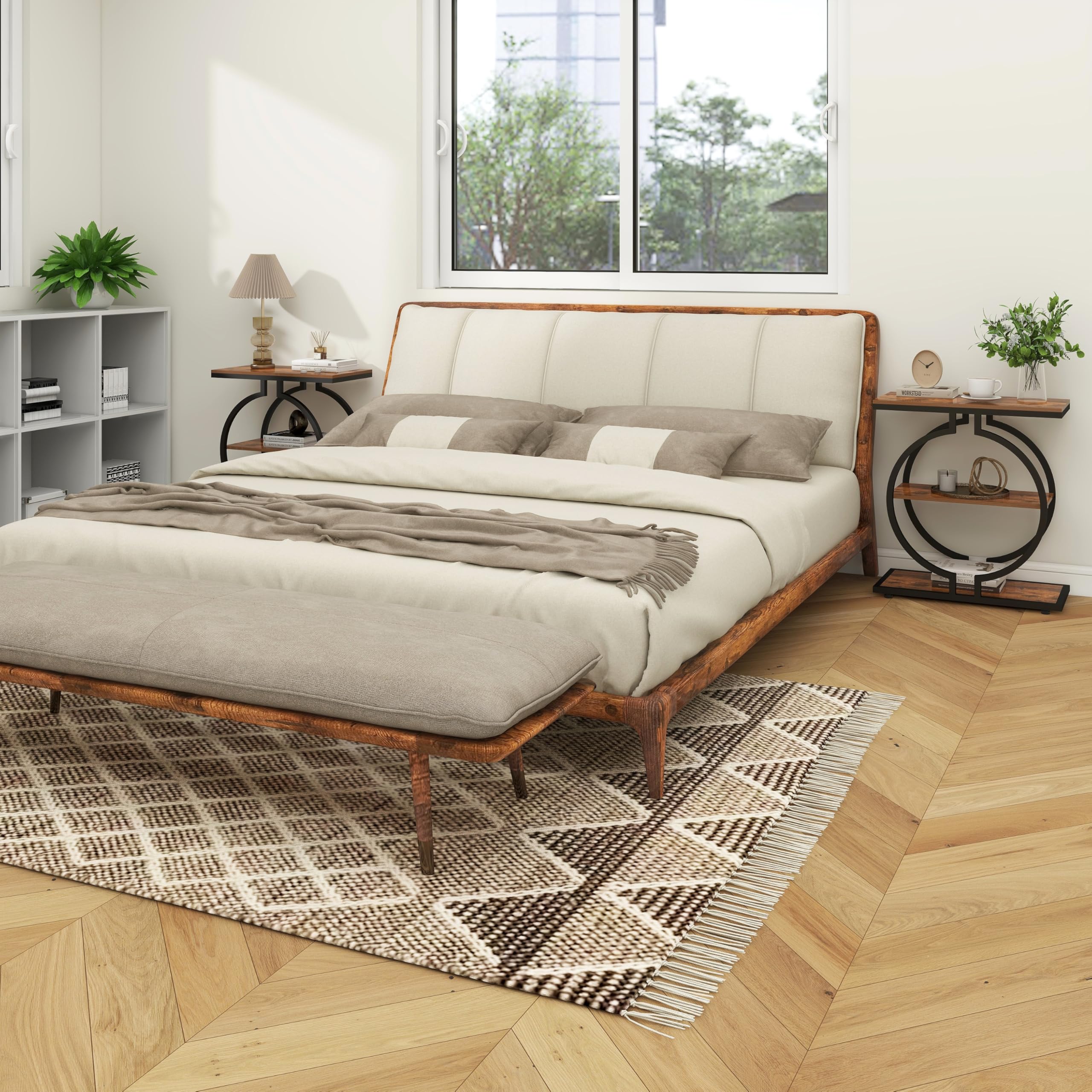 Trironsun Mesa auxiliar estrecha con 3 niveles, mesa redonda para sofá con estructura en forma de O, pequeña mesa industrial para salón dormitorio (marrón rústico)