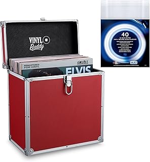 VINYL BUDDY 12" Aluminium Vinyl Record Storage Case,Holds up to 40 LPs (in PVC Sleeves) Includes 40 x 12 Inch Outer Record Sleeves (Red)