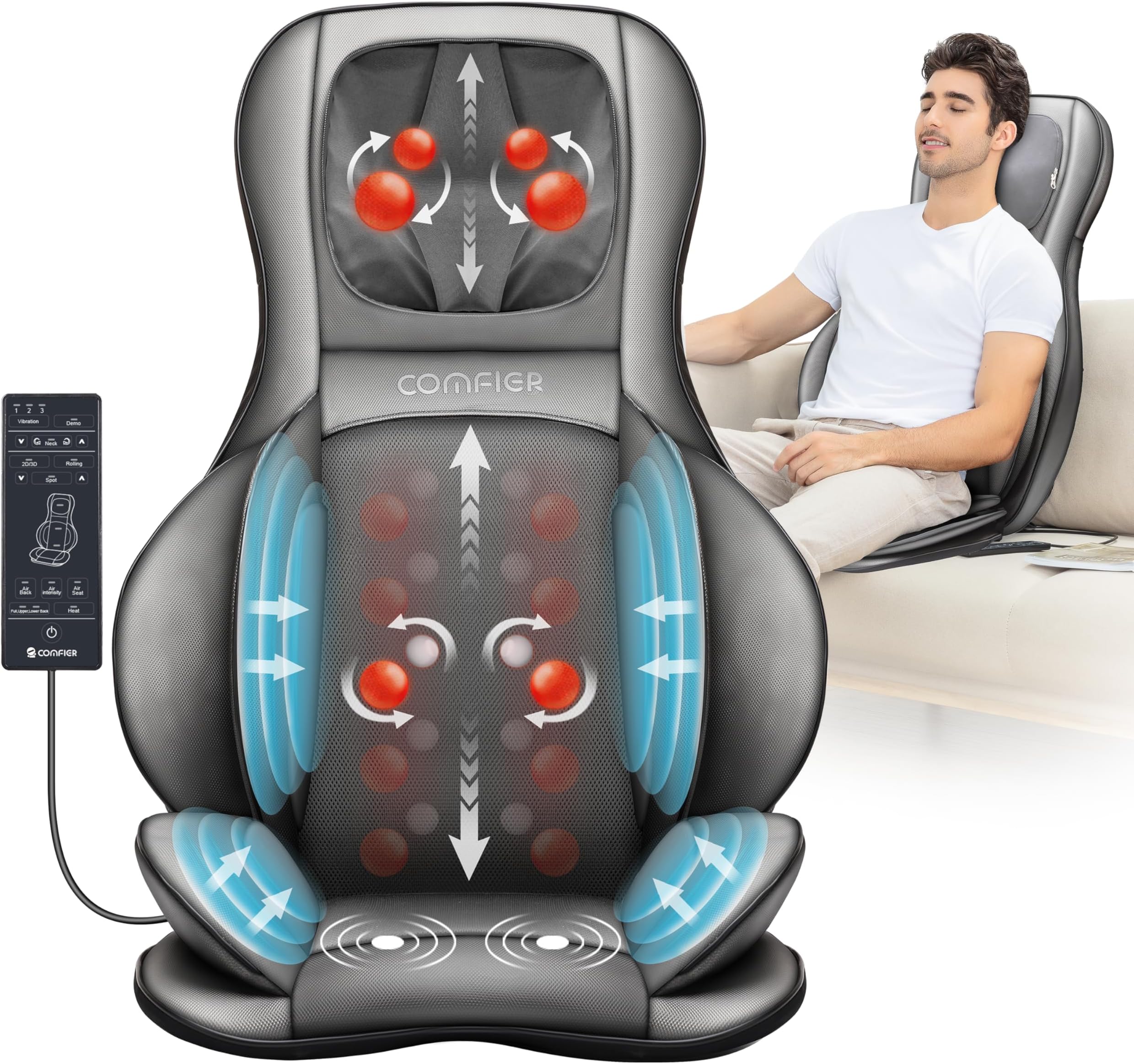 COMFIER Back Massager for Pain Relief Deep Tissue, Shiatsu Neck and Back Massager with Heat, Rolling & Compression Massage Chair Pad for Office Chair, Full Body Massage Chair Gift for Mom Dad