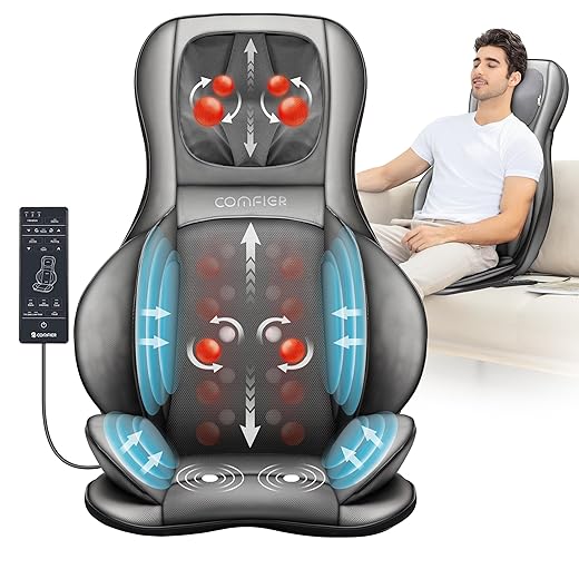 COMFIER Massager Chair with Heat, Shiatsu Neck Back Massager Portable with Compress & Rolling,Massage Chair Pad for Full Back, Neck & Shoulders,Full Body Pain, Gray