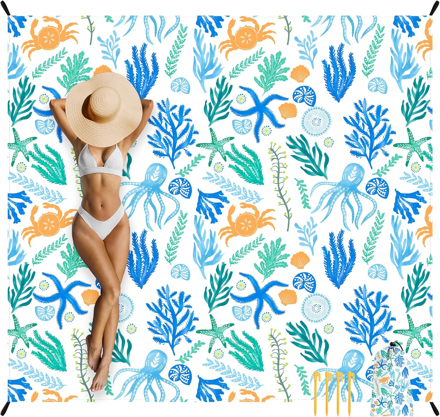 Beach Blanket Waterproof Sandproof Oversized, 110”×118” Extra Large Beach Mat Sand Free, Lightweight Compact Foldable Picnic Blanket w/ 4 Stakes & Pockets for Camping, Travel, Beach Accessories