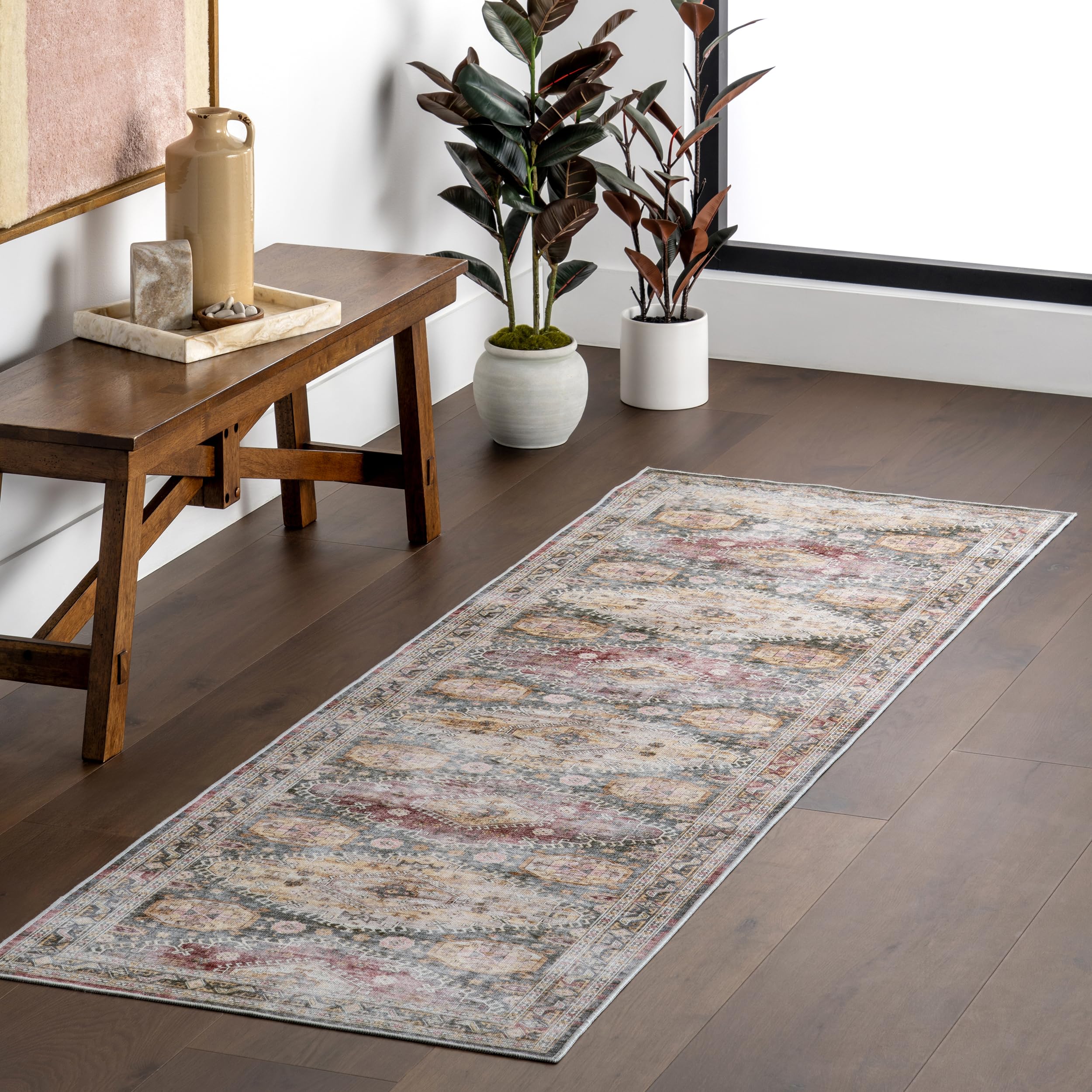 nuLOOM SmartPlus Tapis Traditionnel Vintage résistant aux éclaboussures – Résistant aux Taches – pour Salon, Salle à Manger, Bureau – 0,6 x 2,4 m – Vert Sauge