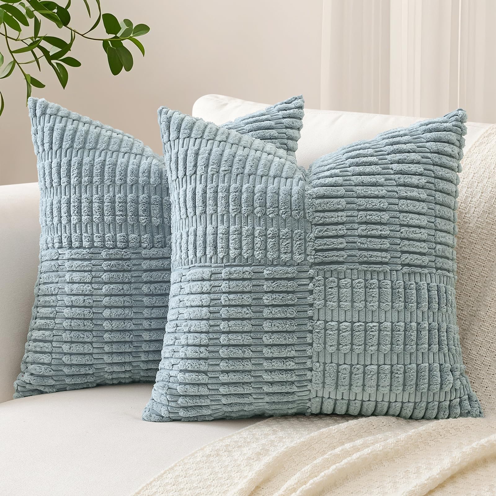 Sungeek Set of 2 Decorative Cushion Covers 60 x 60cm Soft Corduroy Striped Cross Patchwork Textured Pillow Cases Boho Farmhouse Square Throw Pillow Covers for Sofa Bed Patio 24x24 Inch, Grey