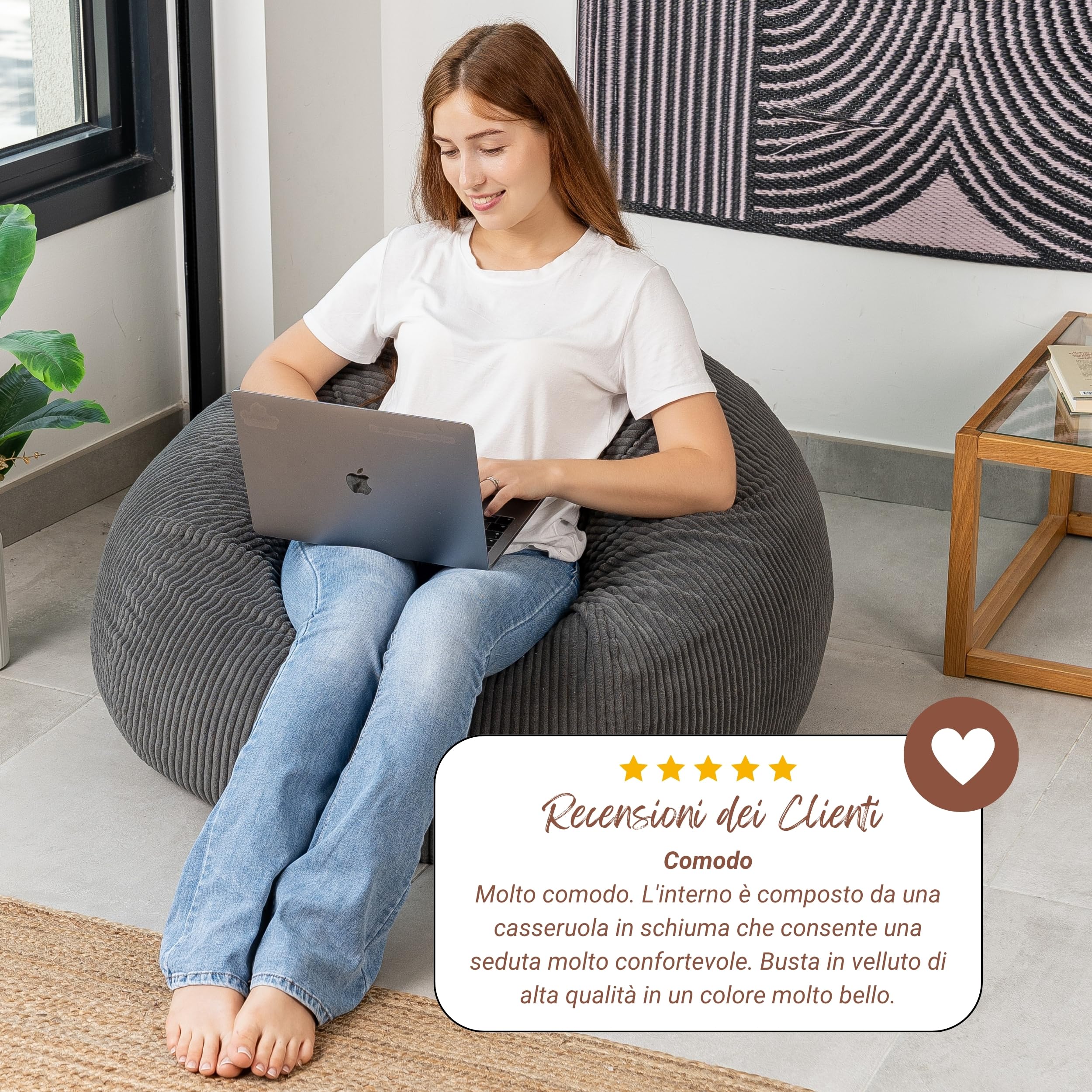 bananair - Pouf Poltrona Sacco in Velluto a Coste Larghe - Imbottitura in Schiuma, Morbido - Fodera Lavabile - Facile da Trasportare, Per Bambini e Adolescenti (105x85 cm, Grigio Scuro)
