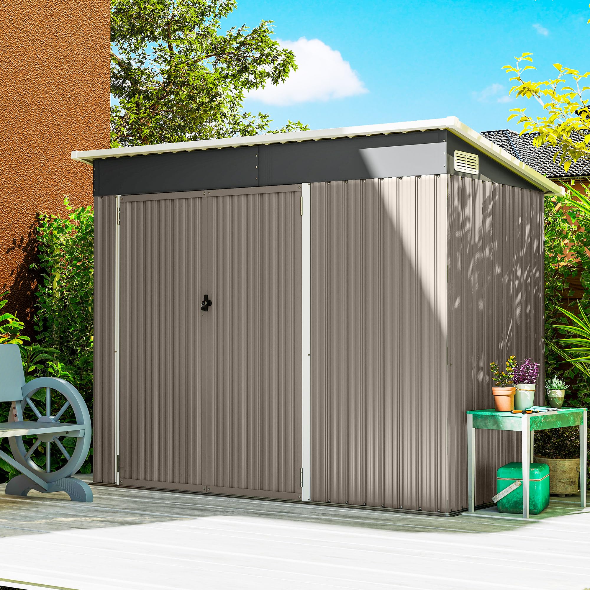 Outsunny 7.5 x 4.3ft Metal Garden Storage Shed, Waterproof Outdoor Shed with Triple Lockable Door, Gloves, Vents and Pitched Roof, Tools Bike Storage for Garden, Patio, Courtyard, Light Grey — view 9