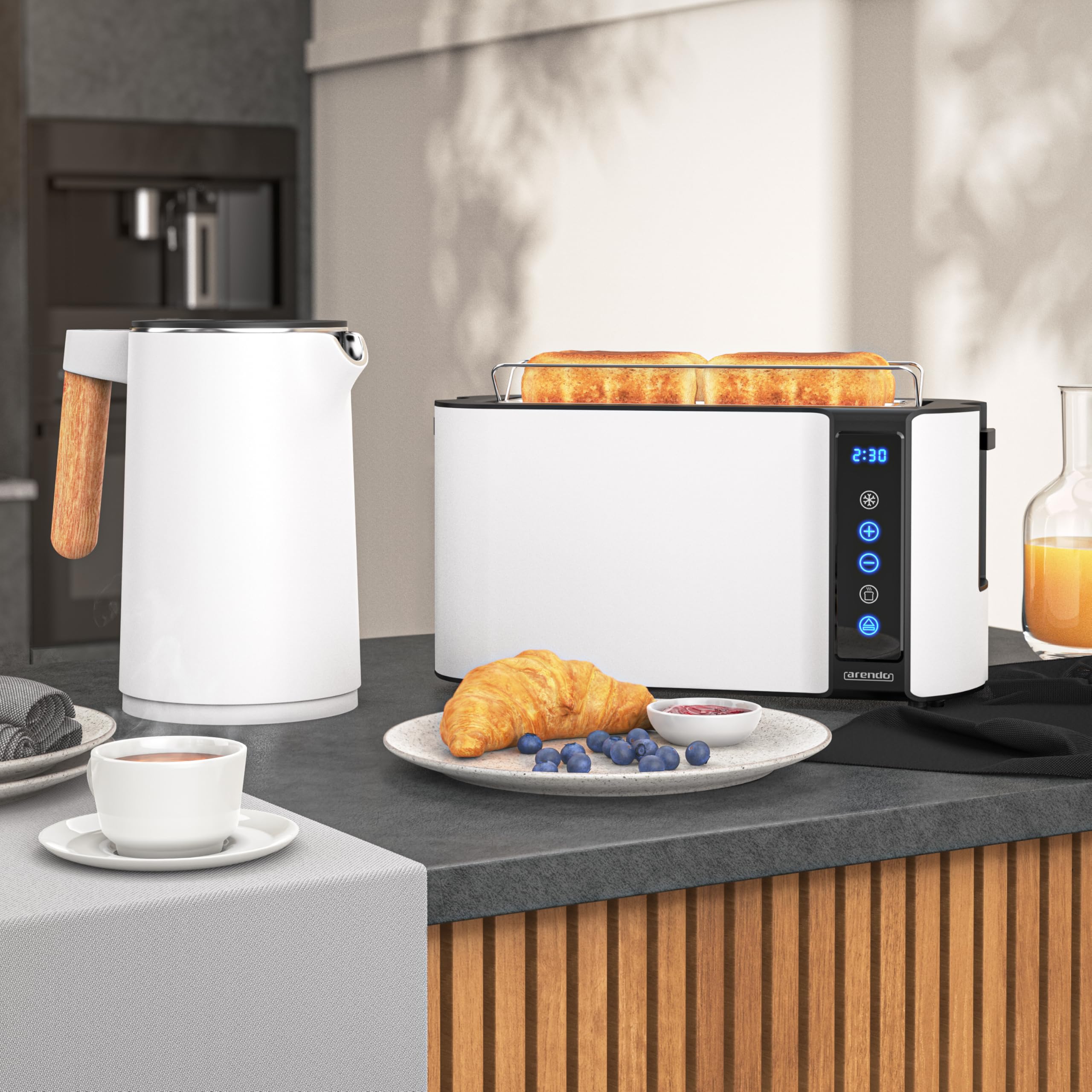 Arendo Wasserkocher Toaster SET Edelstahl 45-100 Grad Warmhaltefunktion 4 Scheiben Touch Display Weiß Matt