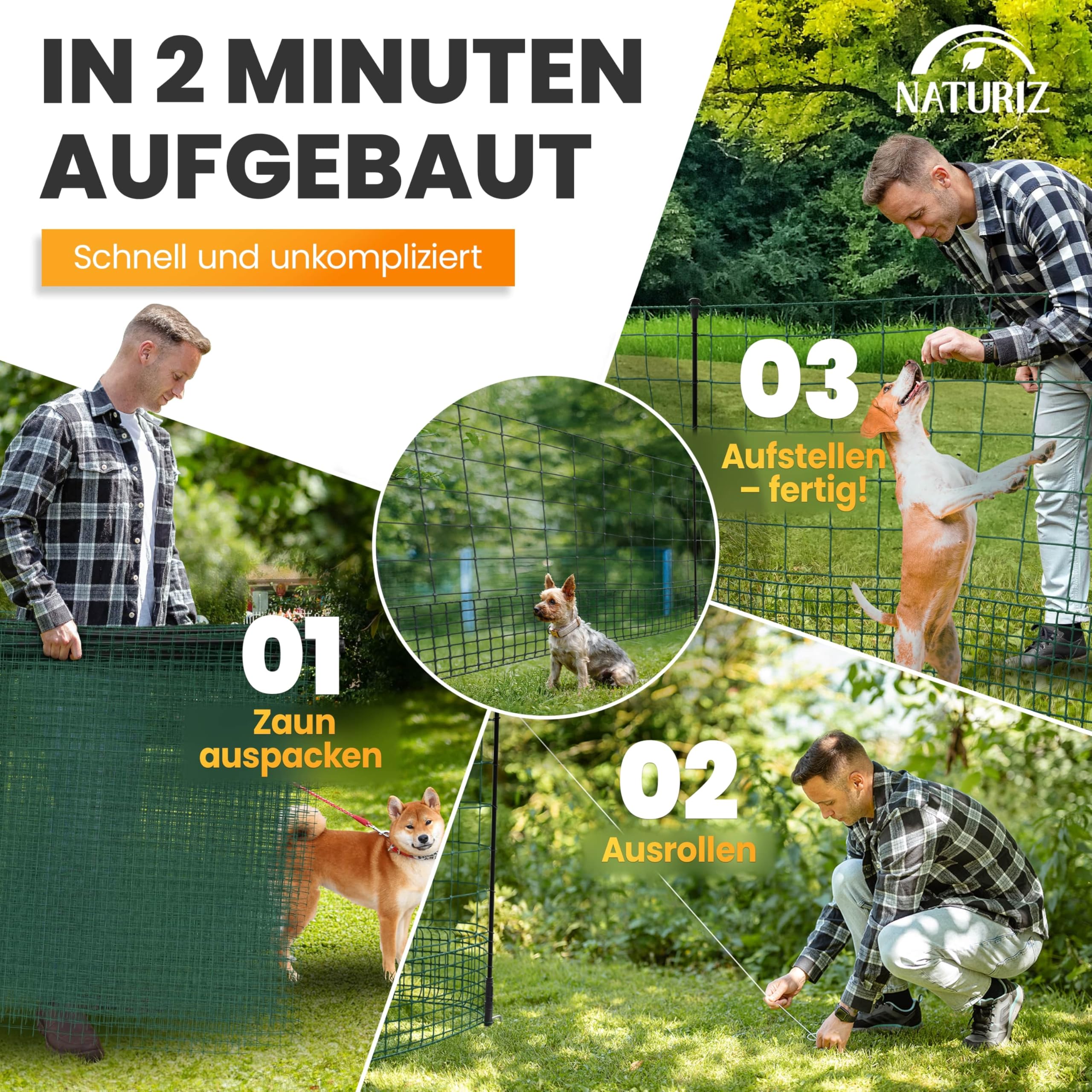 NATURIZ® Weidezaun 105cm hoch - mobiler Hundezaun & Hühnerzaun, Camping Zaun für Hunde ohne Strom, Begrenzungszaun, Steckzaun (15m)