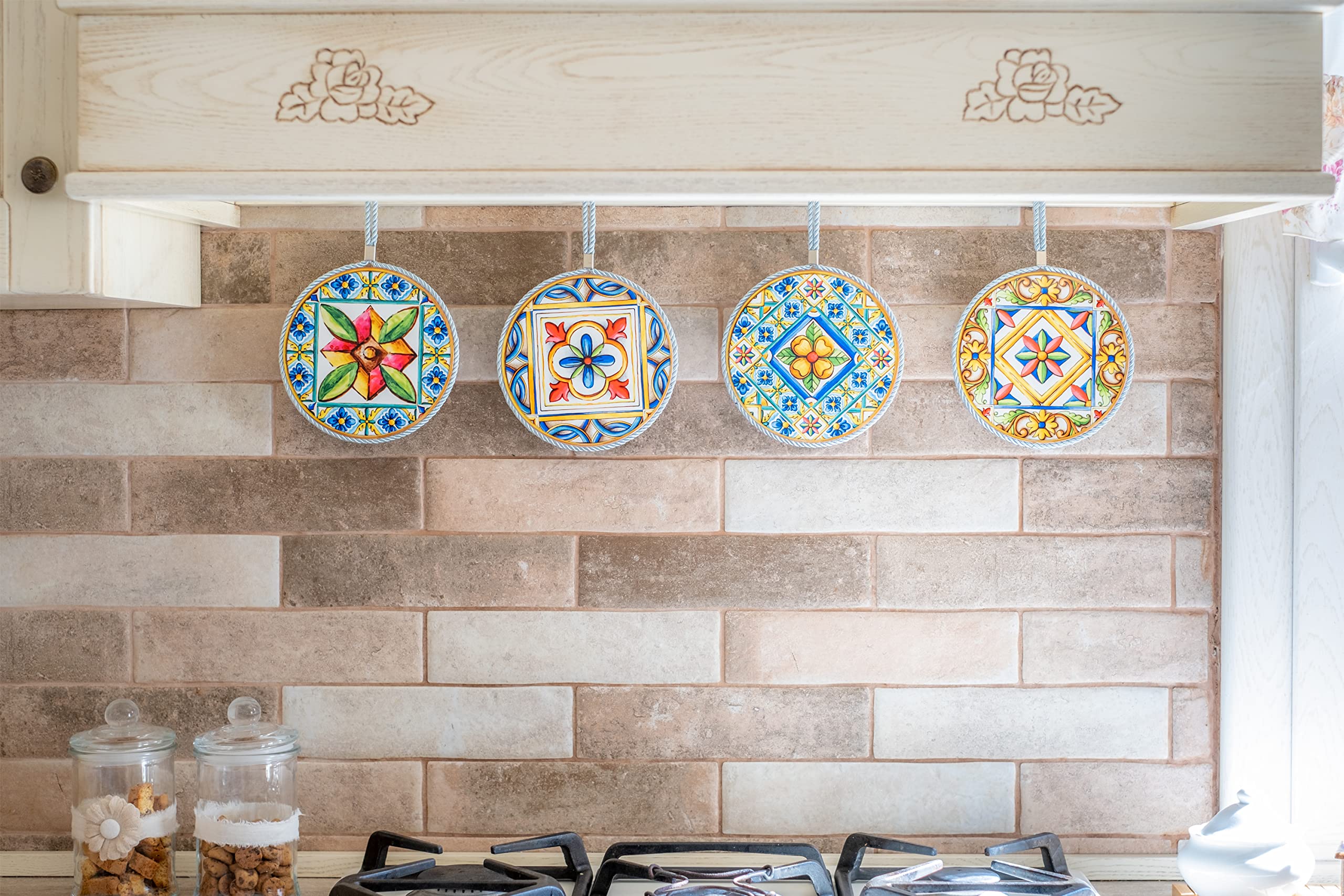 Moorg Piatto Ceramica Decorato da Appendere Set da 2, 16x16 cm, Piastrelle Siciliane Maiolica, Sughero