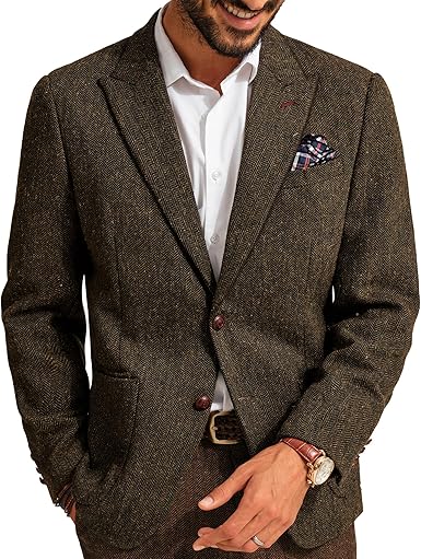 PJ PAUL JONES Mens Blazer Vintage Herringbone Tweed Blazer Two Button Wool Blend Sport Coat with Pocket Square