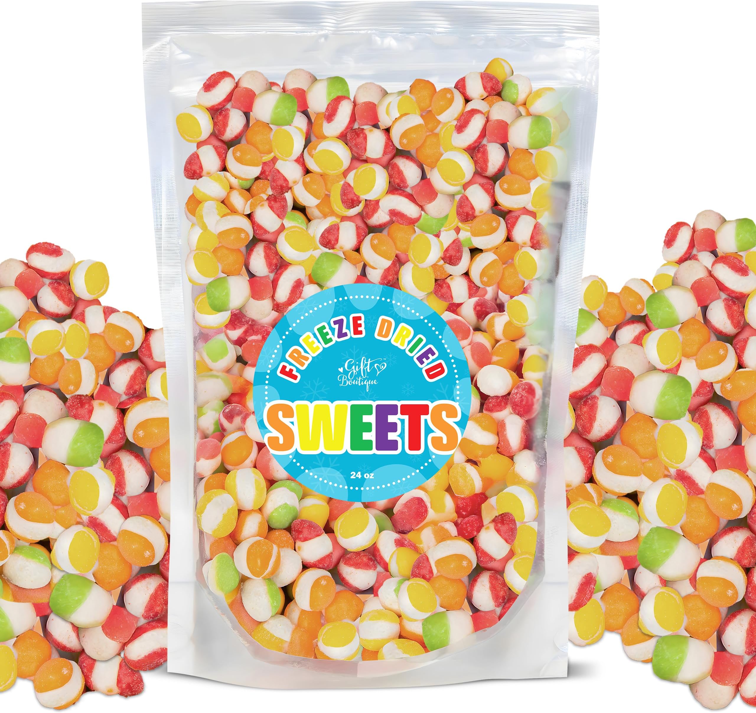 Freeze Dried Candy Gourmet Crunch Candies 24oz Bag Pouch Assorted Cherry Strawberry Lemon Lime Orange Original Rainbow Fruity Flavor Ideal Gift Snack
