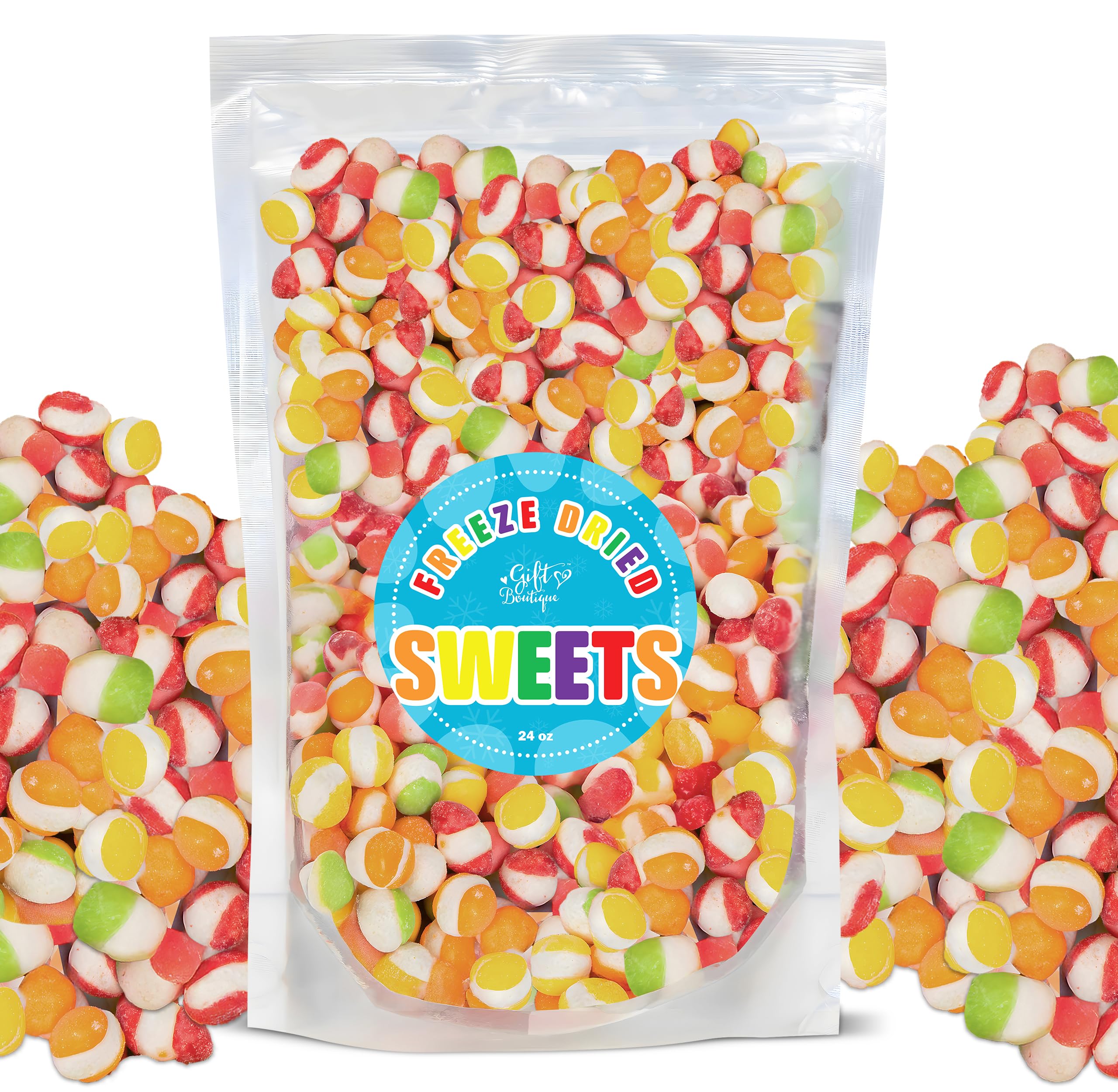 Freeze Dried Candy Gourmet Crunch Candies 24oz Bag Pouch Assorted Cherry Strawberry Lemon Lime Orange Original Rainbow Fruity Flavor Ideal Gift Snack