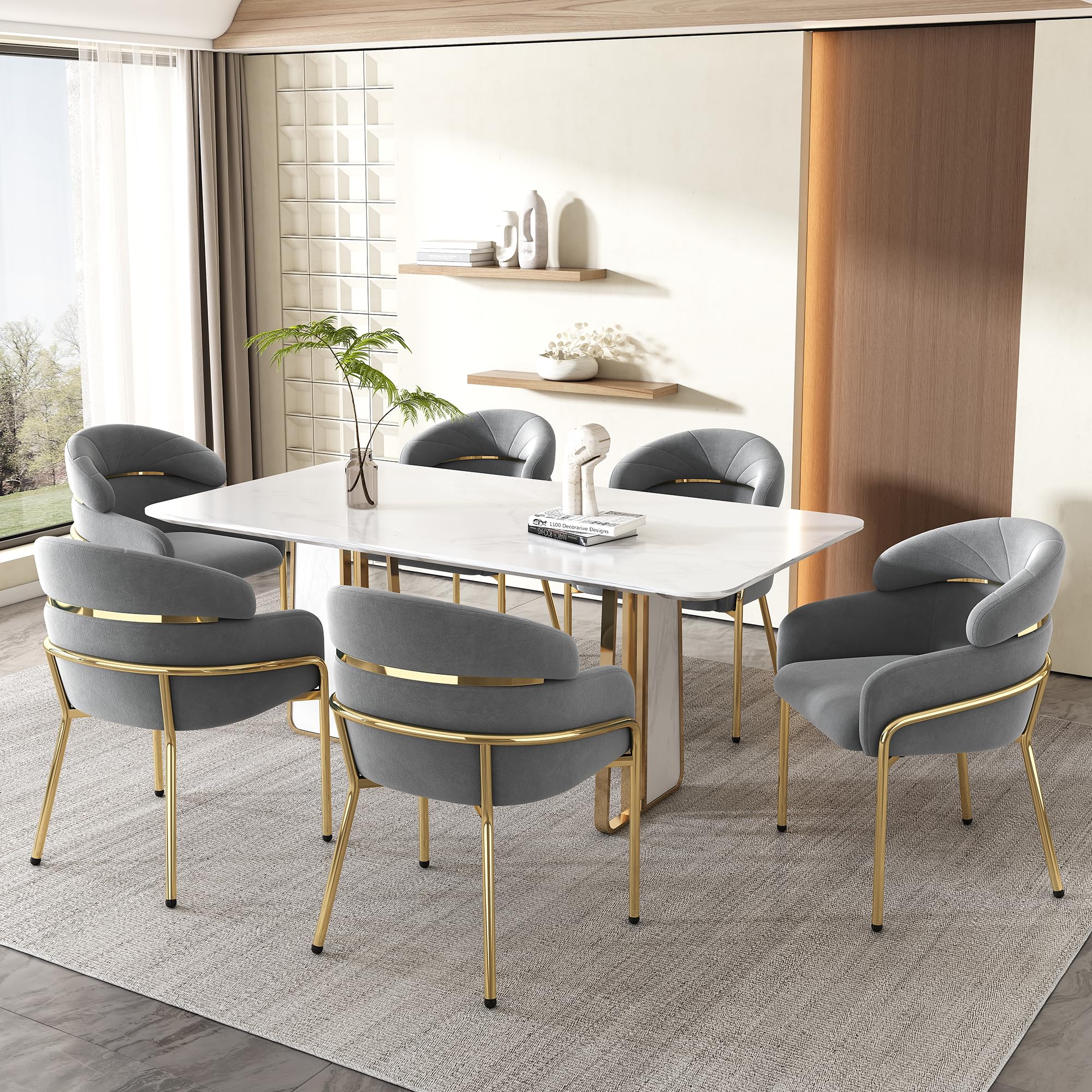 TIZZ Juego de 6 sillas de comedor, lujo ligero, salón, dormitorio, silla de ocio, cuatro patas de metal, terciopelo, gris