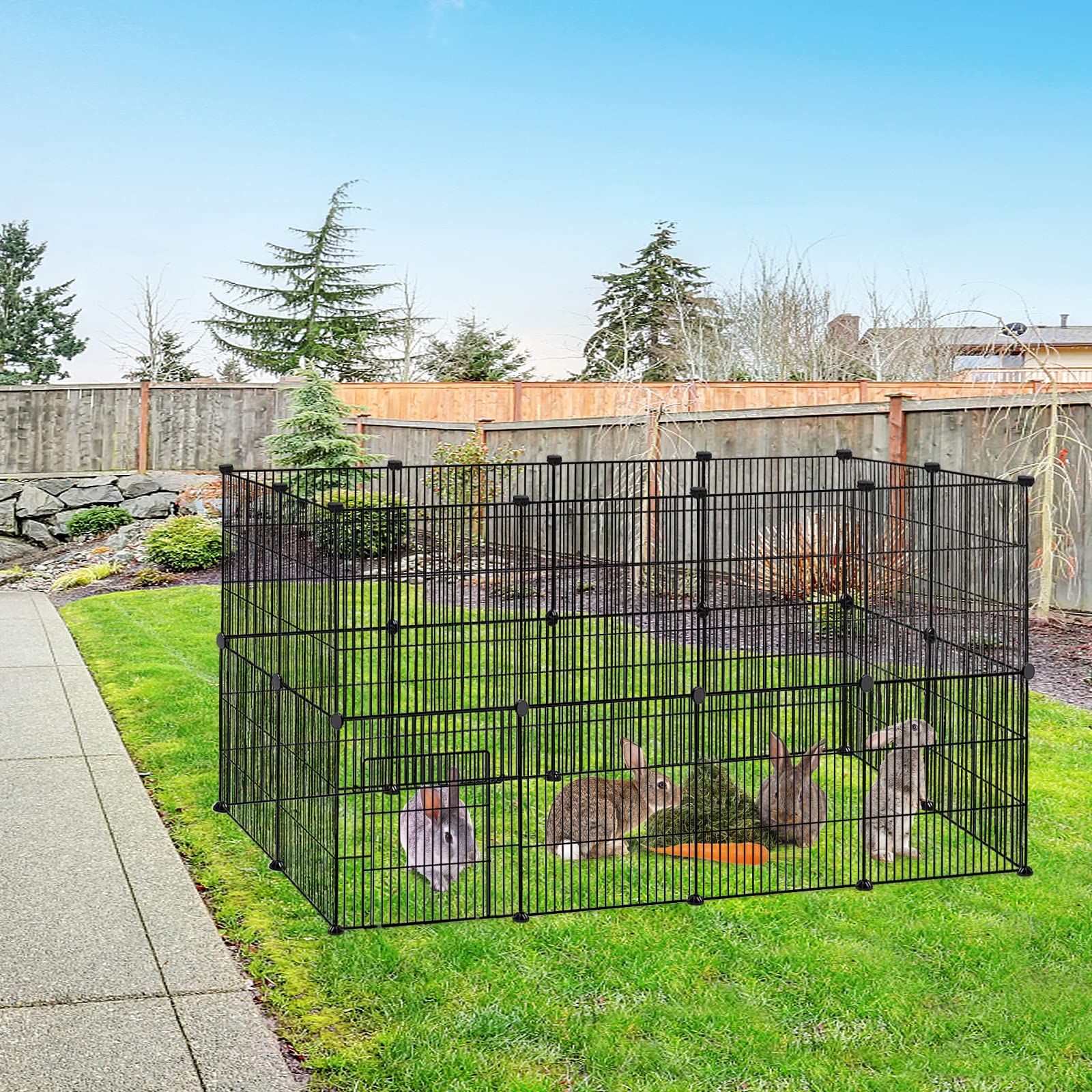 FIVMEN Enclos pour Petits Animaux Enclos Lapin 142 x 72 x 72 cm Enclos Extérieur en Métal 24 Panneaux Parc Modulable avec Porte pour Lapins Hamsters Cochon (Noir)