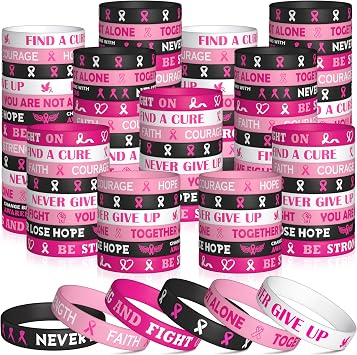 WATINC Breast Cancer Awareness Silicone Bracelets Set - Pink Ribbons Hope Faith Strength Courage Stretch Wristbands, Motivational Rubber Bracelet with Inspirational Messages for Women Girls 120Pcs