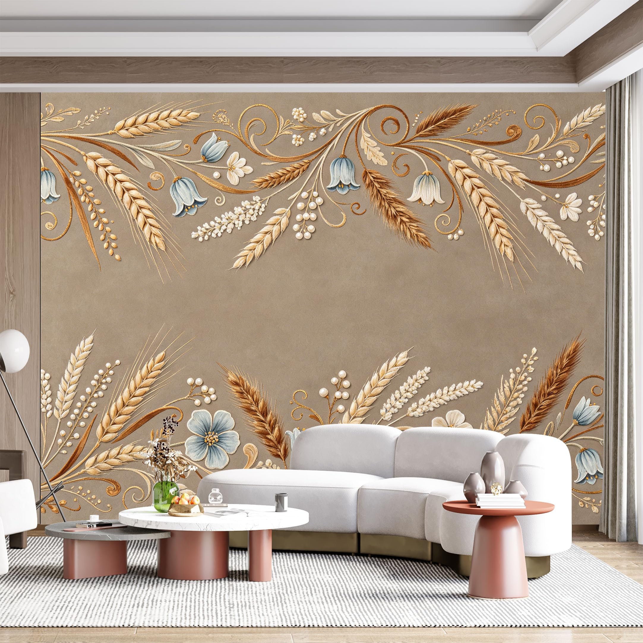Custom Size Wall Mural Botanical Floral Wheat Ears Embossed Texture French Country SelfAdhesive Wall Fabric Removable for Home Office Decor