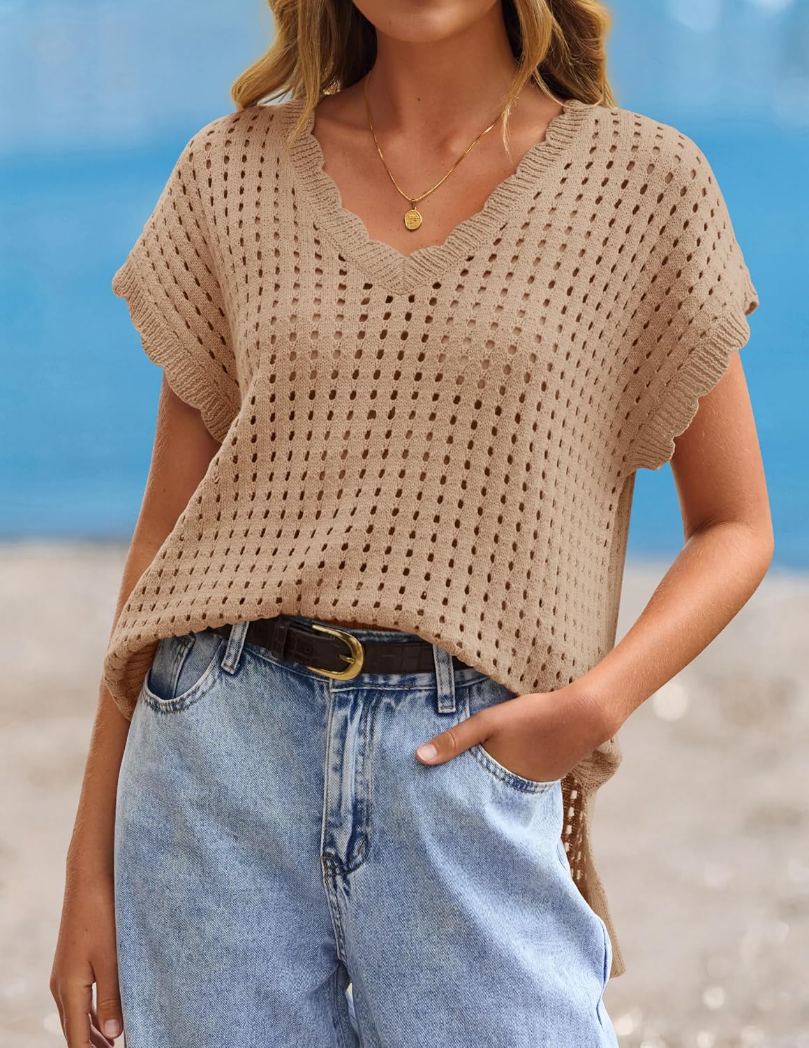 ZESICA Women's Spring Tops 2026 Summer Shirts Crochet V Neck Cap Sleeve Sweater Cute Casual Beach Vacation Clothes - Image 2