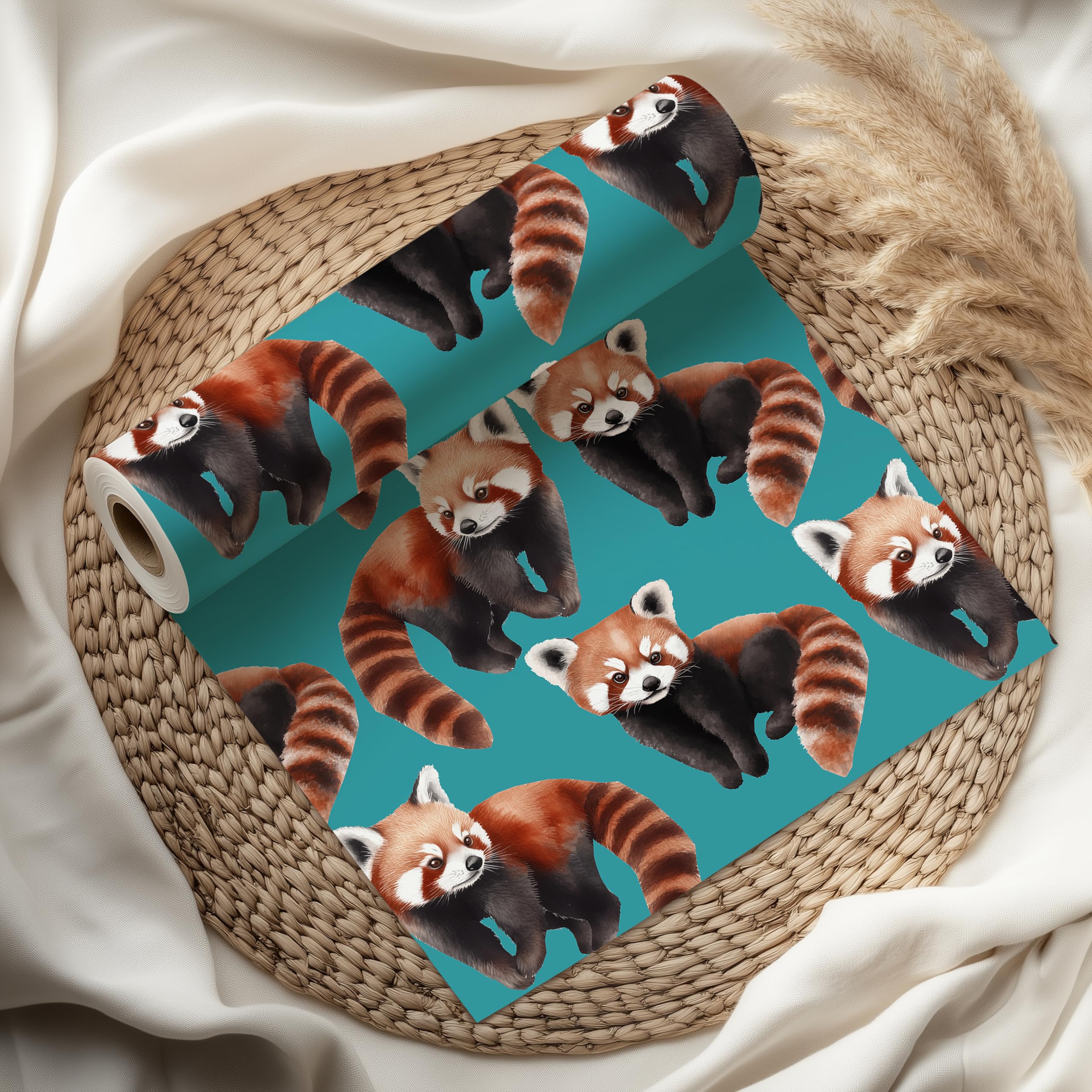 Cute Red Panda Wrapping Paper Sheet, Fluffy Red Pandas, Perfect for Animal Lovers, Birthdays & Kids Parties - W103 (Teal, Medium Sheet - 42 x 58cm / 15.7" x 22.8" inches)