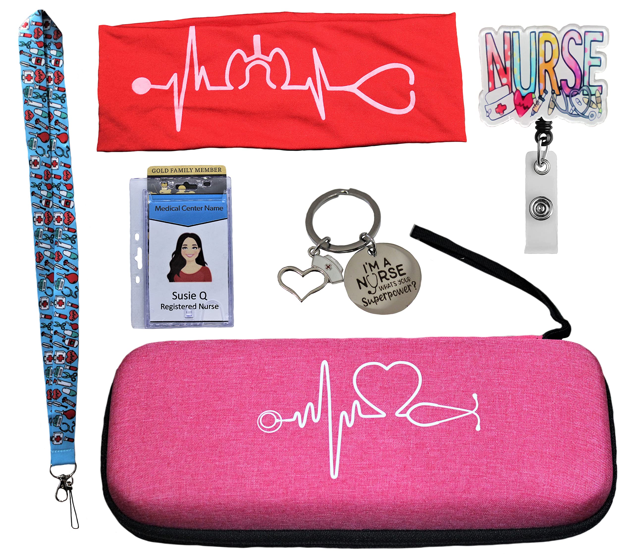 6 Piece Nurse Gift Set - Stethoscope Carrying Case, Neck Lanyard, ID Badge Reel, Heartbeat Headband, Keychain, ID Holder Case (Pink/Red)