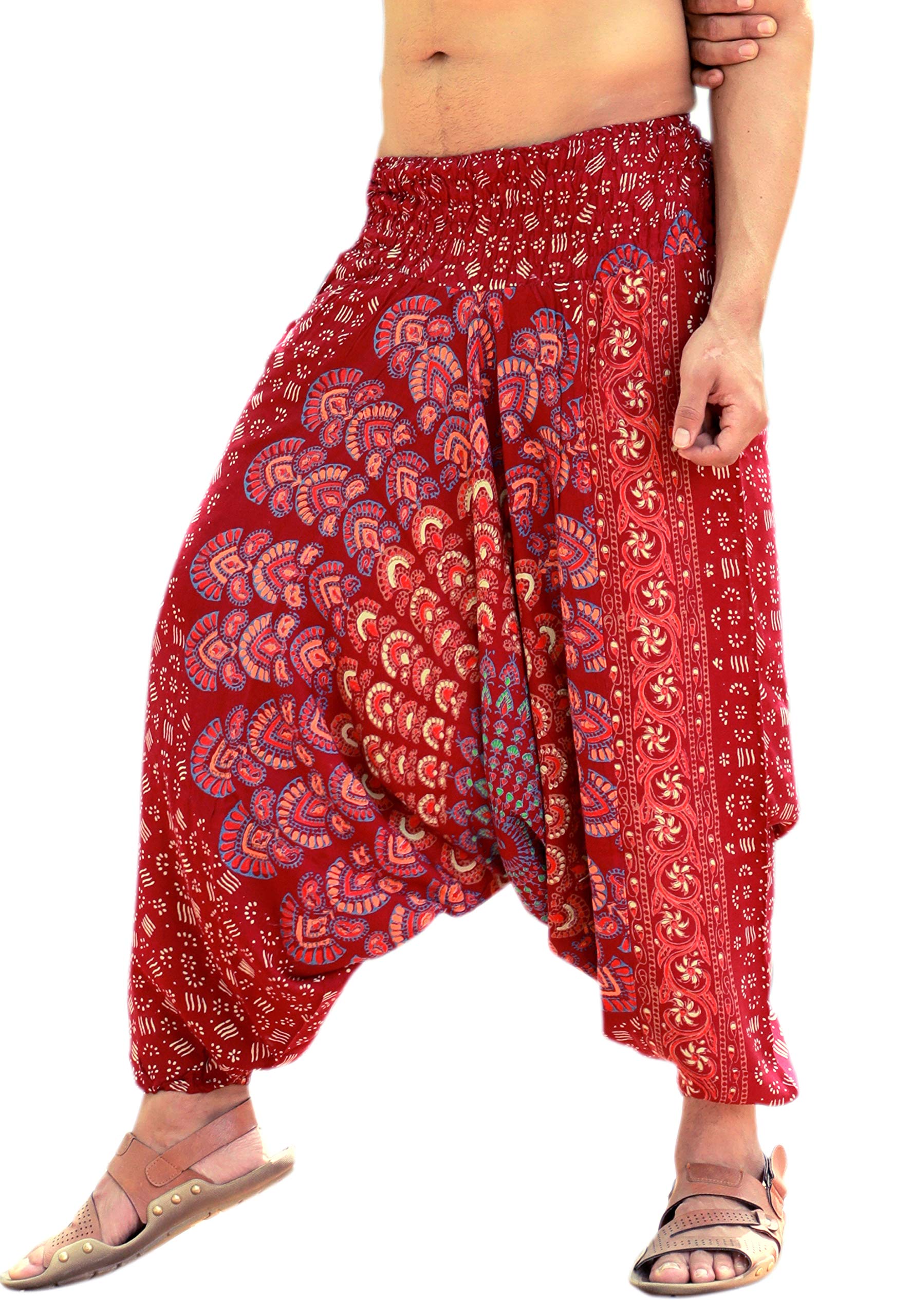 SARJANA Mens Mandala Harem Pants Yoga Baggy Hippie Boho Drop Crotch Trouser Free Size (Maroon)