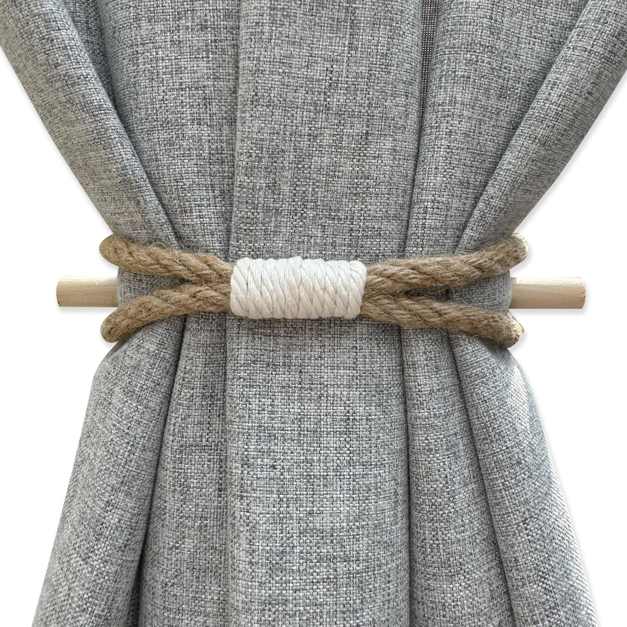 Curtain Tiebacks Rustic Holdbacks for Drapes, Farmhouse Tie Backs for Curtains, Jute Rope with Wood Club, Natural Boho Decor Shabby Chic Drapery