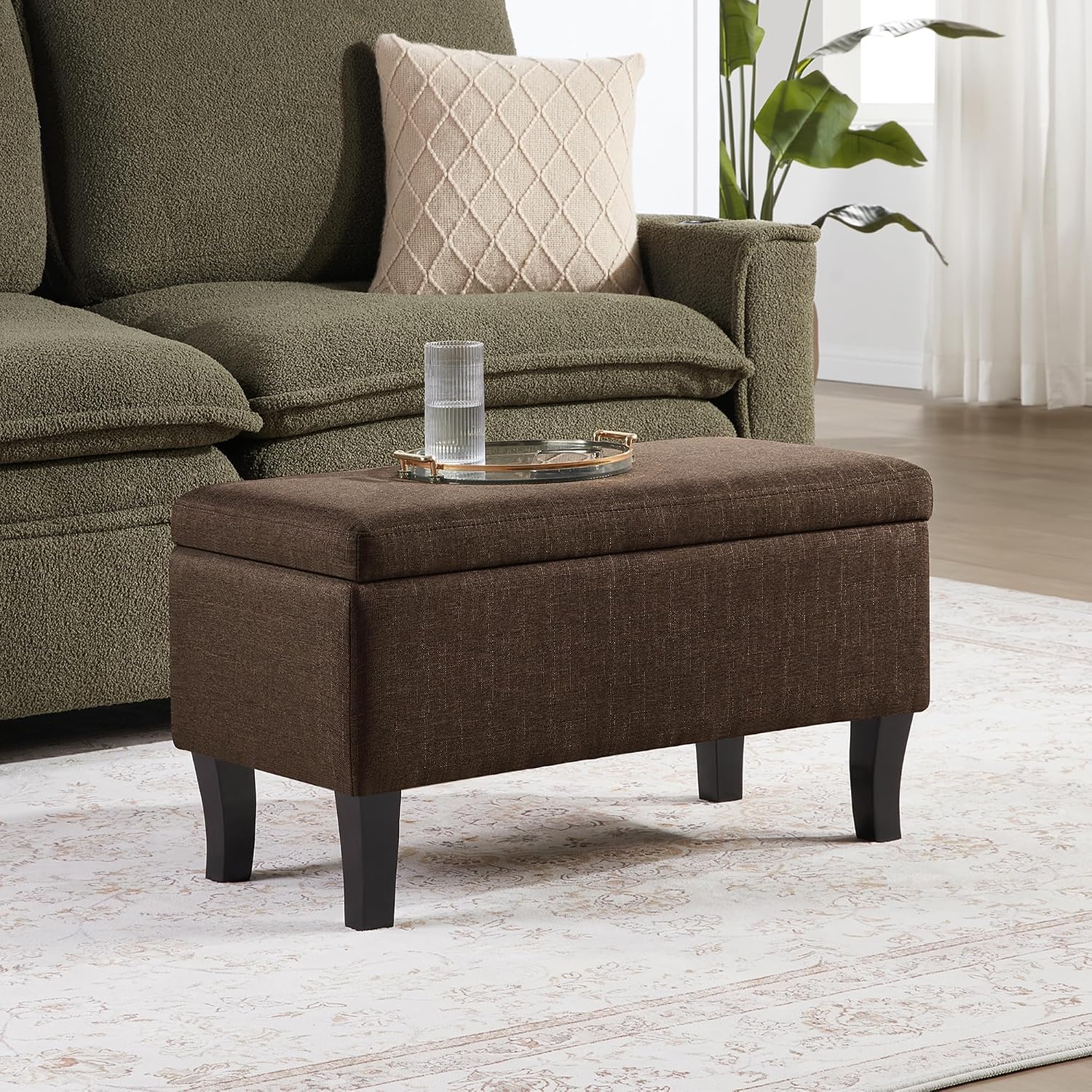 Convenience Concepts Designs4Comfort Winslow Storage Ottoman Bench 32" - Transitional Upholstered Footstool & Seat, for Living Room, Entryway, Hallway, & Bedroom, Medium Brown Fabric