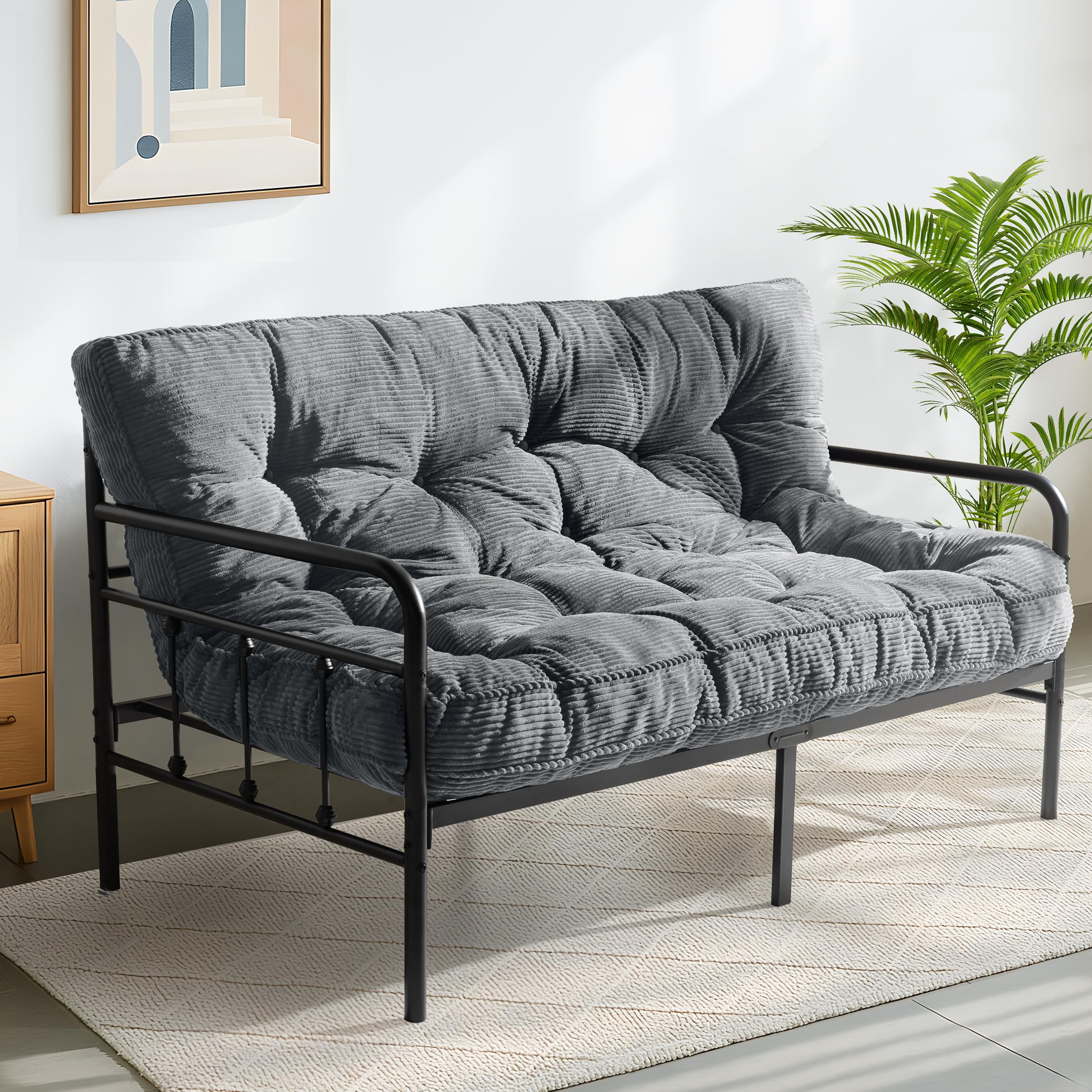 MAXYOYO 6" Futon Mattress Full Size, Tufted Futons Sofa Couch Bed with Twisted Rope Design Edging, Thick Corded Fabric Floor Mattress for Adults, Shredded Foam Filling (Frame Not Included), Dark Grey