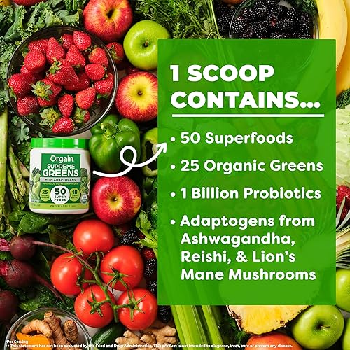 Miniatura 5 de Orgain Supreme Greens Polvo con 25 verduras orgánicas, 50 superalimentos, 1 mil millones de probióticos y adaptógenos, verduras veganas para la