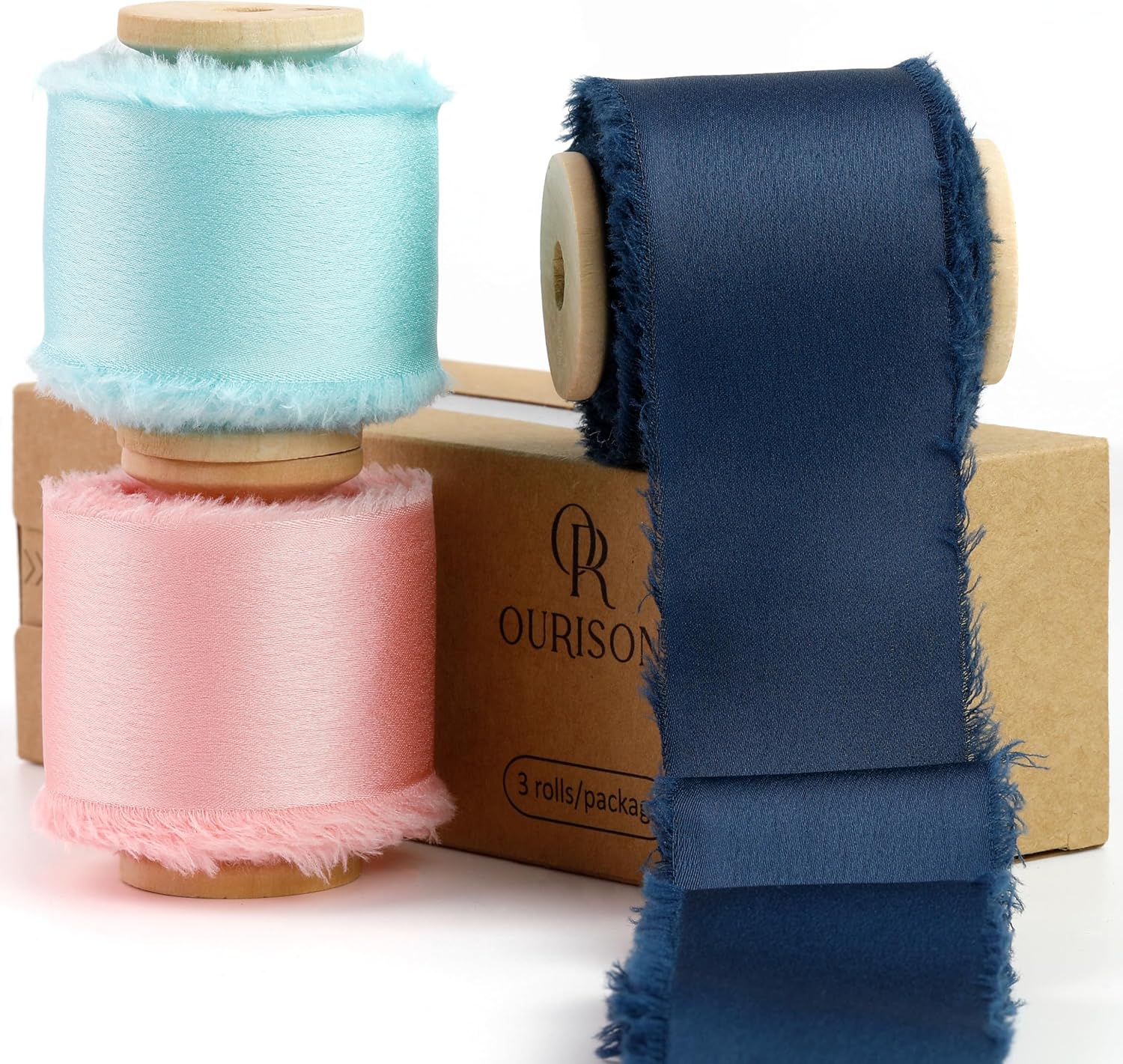 Silk Satin Ribbon 1-1/2 Inch x 30 Yards Pink& Light& Navy Blue- Handmade Frayed Ribbons for Gift Wrapping Wedding Party Invitations Bridal Bouquets Baby Showers Holiday Decor