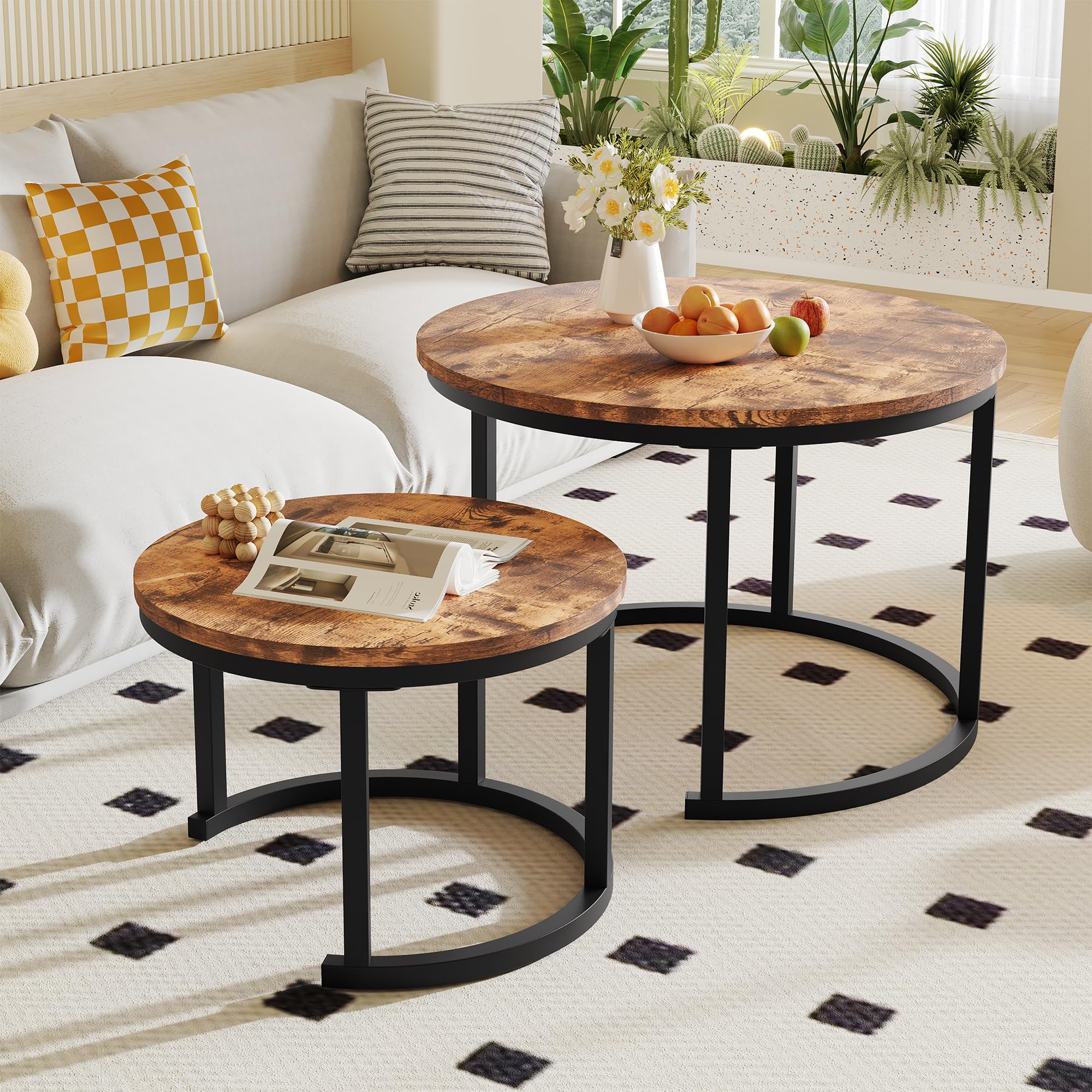 Juego de mesas de centro redondas de madera y metal