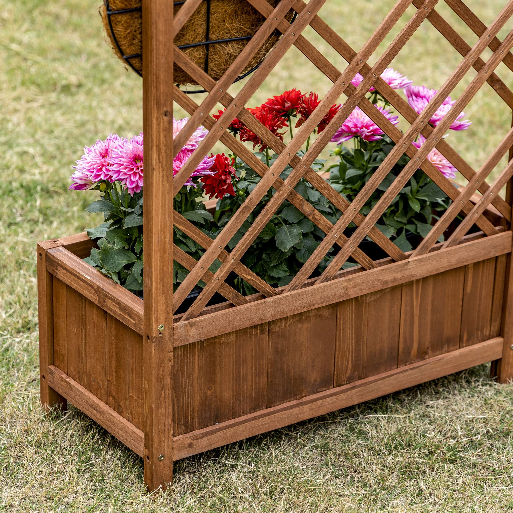 Outsunny Jardinera con Enrejado Jardinera con Celosía de Madera Macetero con Soporte para Trepadora Cultivos Plantas en Exterior Terraza Jardín Balcón 60x30x122,5 cm Natural