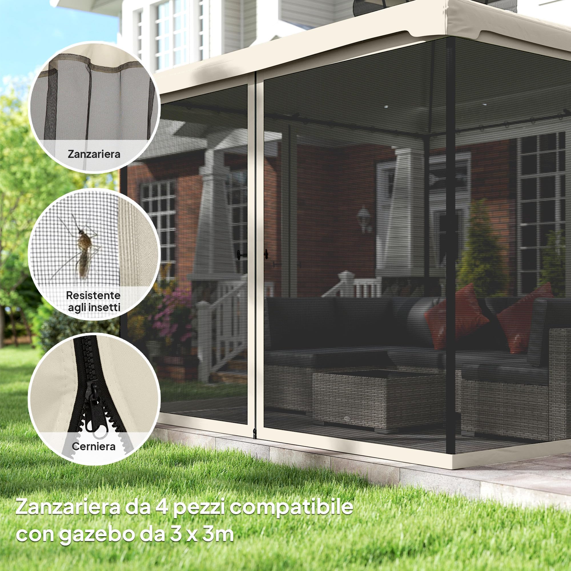 Outsunny Zanzariera per Gazebo, Tende Zanzariera di Ricambio Universale, 302x207cm, Nero, Beige