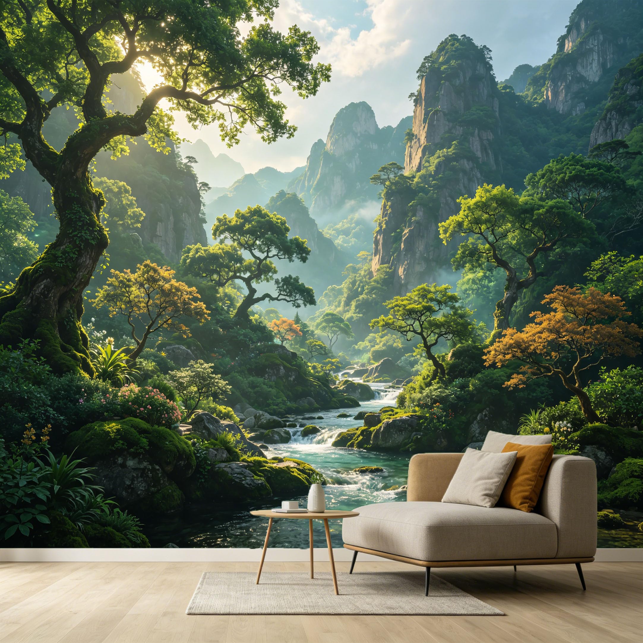 Custom Size Wall Murals Misty Forest Landscape Mountain River Nature Scene SelfAdhesive Wall Fabric Removable Large Wallpaper for Photo Living Room