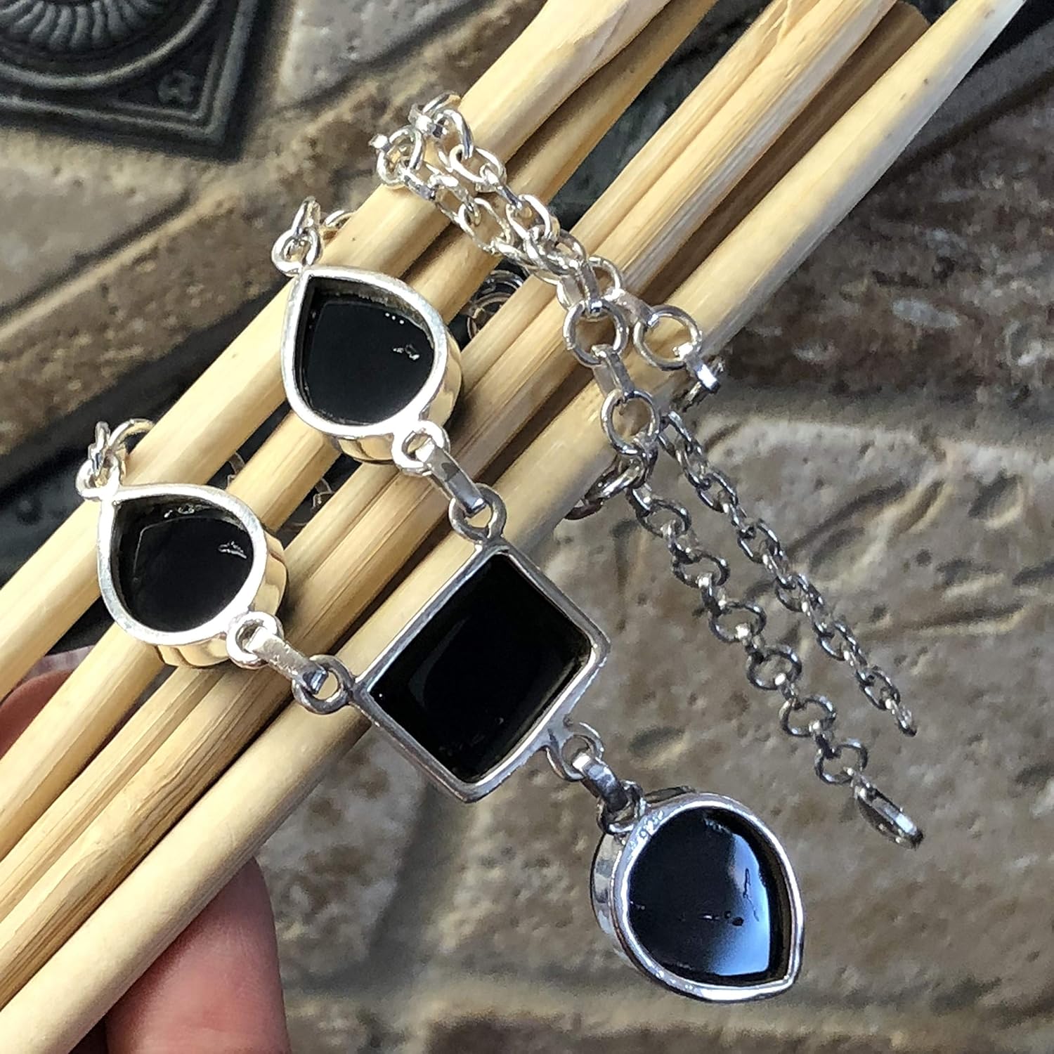 Natural Black Onyx 925 Solid Sterling Silver Necklace 16" - Image 2