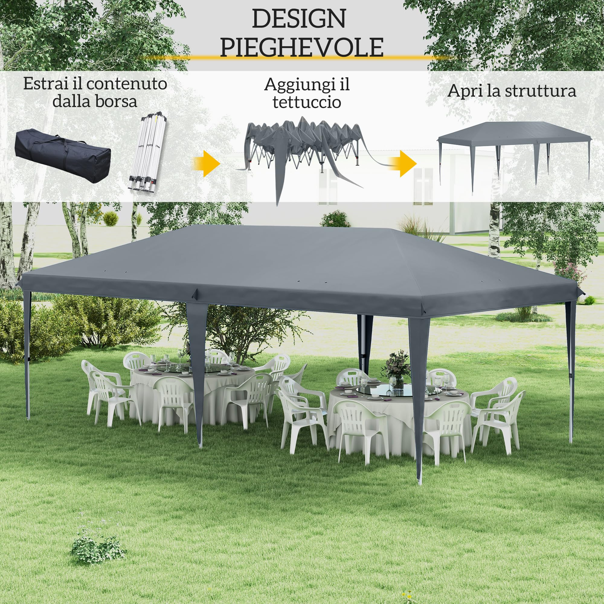 Gazebo Pieghevole Outsunny 6x3 Pop Up Altezza Regolabile 3 Livelli Borsa da Trasporto Acciaio Tessuto Oxford Grigio Chiaro