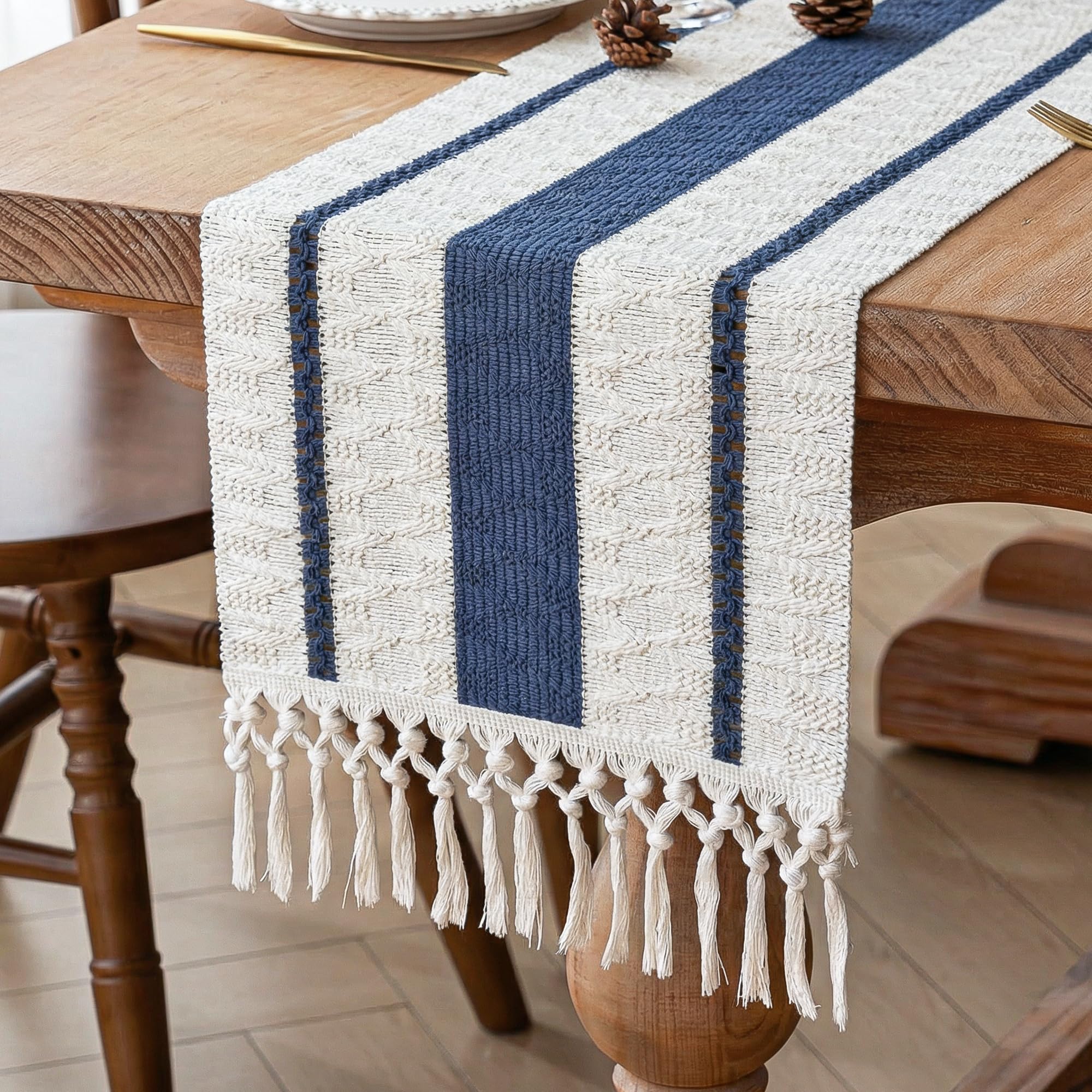 FEXIA Boho Table Runner with Tassels for Fall Home Decor 12x72 Blue Decor