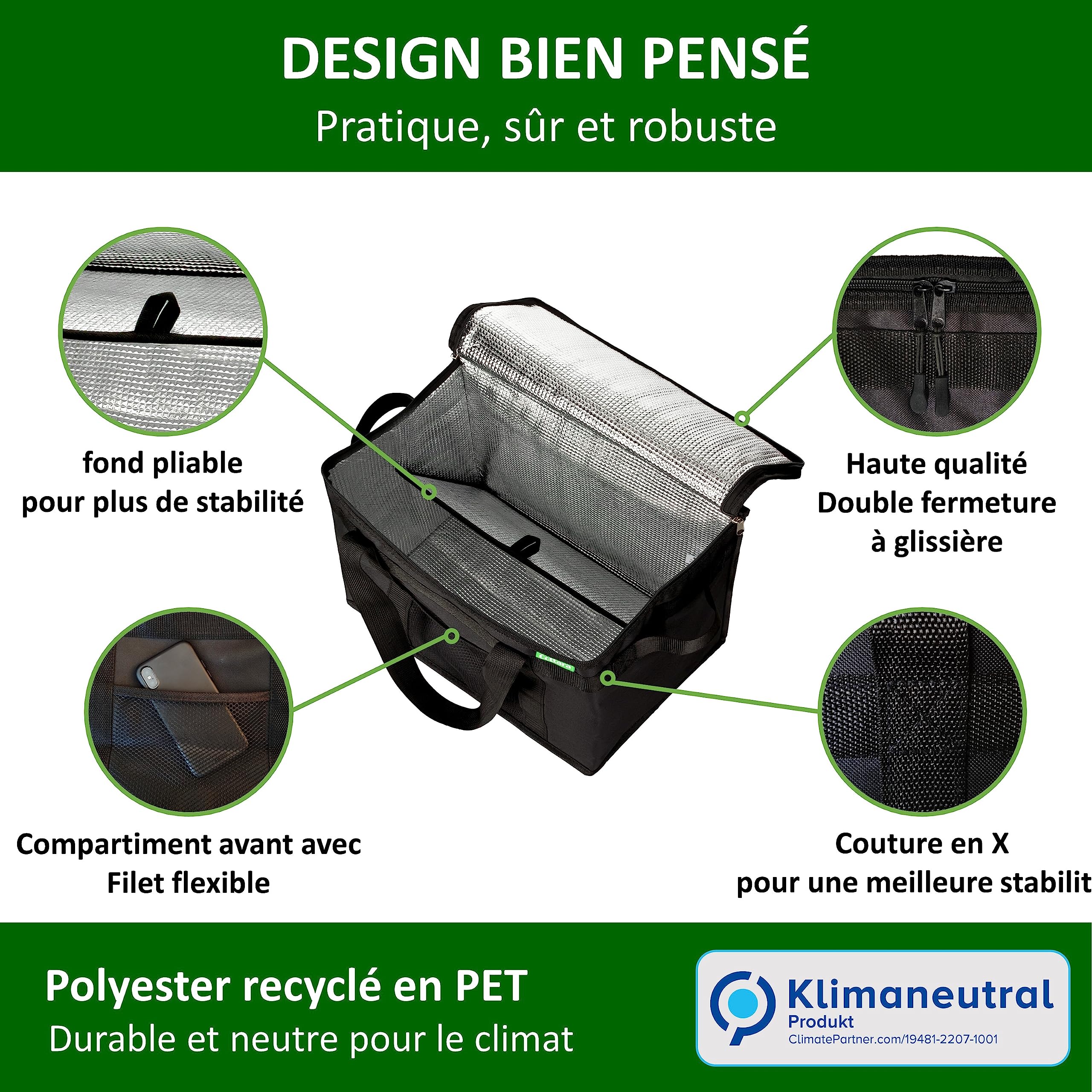 COTTARA Lot de 2 sacs isothermes pliables de qualité supérieure - Grand sac de courses avec fond renforcé - Idéal comme sac isotherme, panier de courses, sac de pique-nique - Noir 40 x 24 x 31 cm