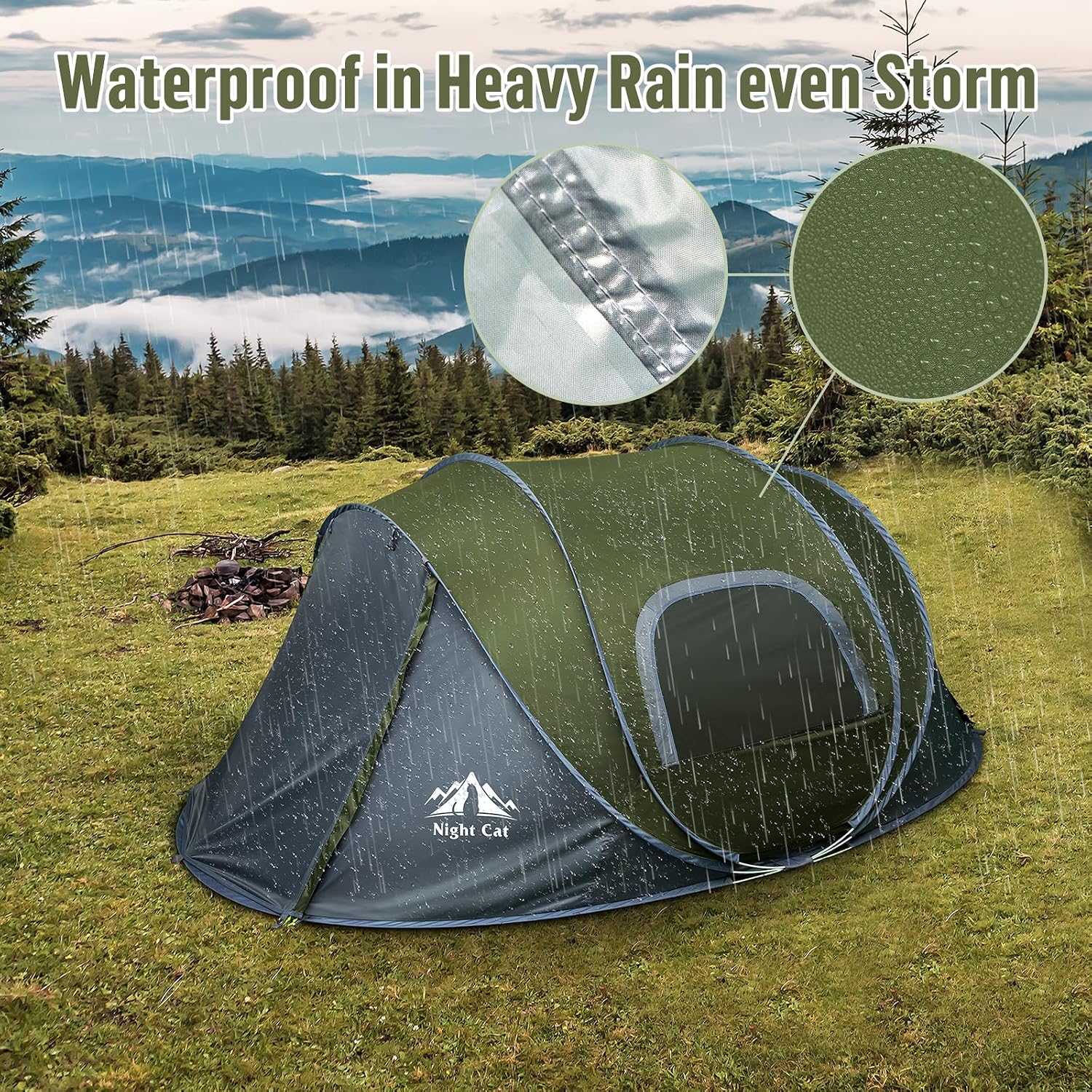 A Night Cat tent in a forest setting with rain falling, illustrating its waterproof capabilities. Insets show close-ups of waterproof fabric and taped seams.