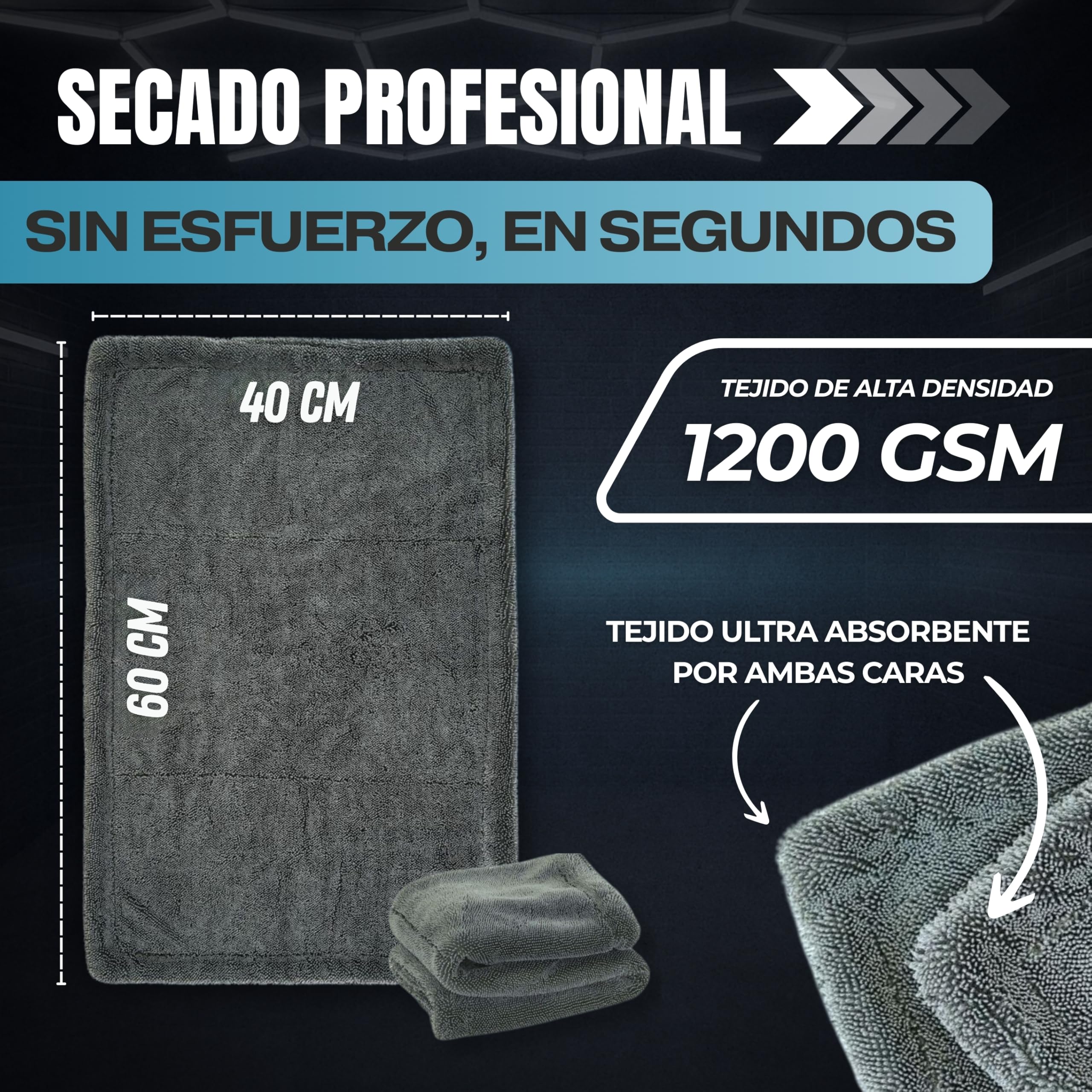 FENORA® Toalla Secado Coche 1200GSM (60×40cm) + 2 Paños Extra (30×30cm) + Bolsa Zip – Toalla Microfibra Coche Premium para Detailing Ultra Absorbente, No Raya — view 3