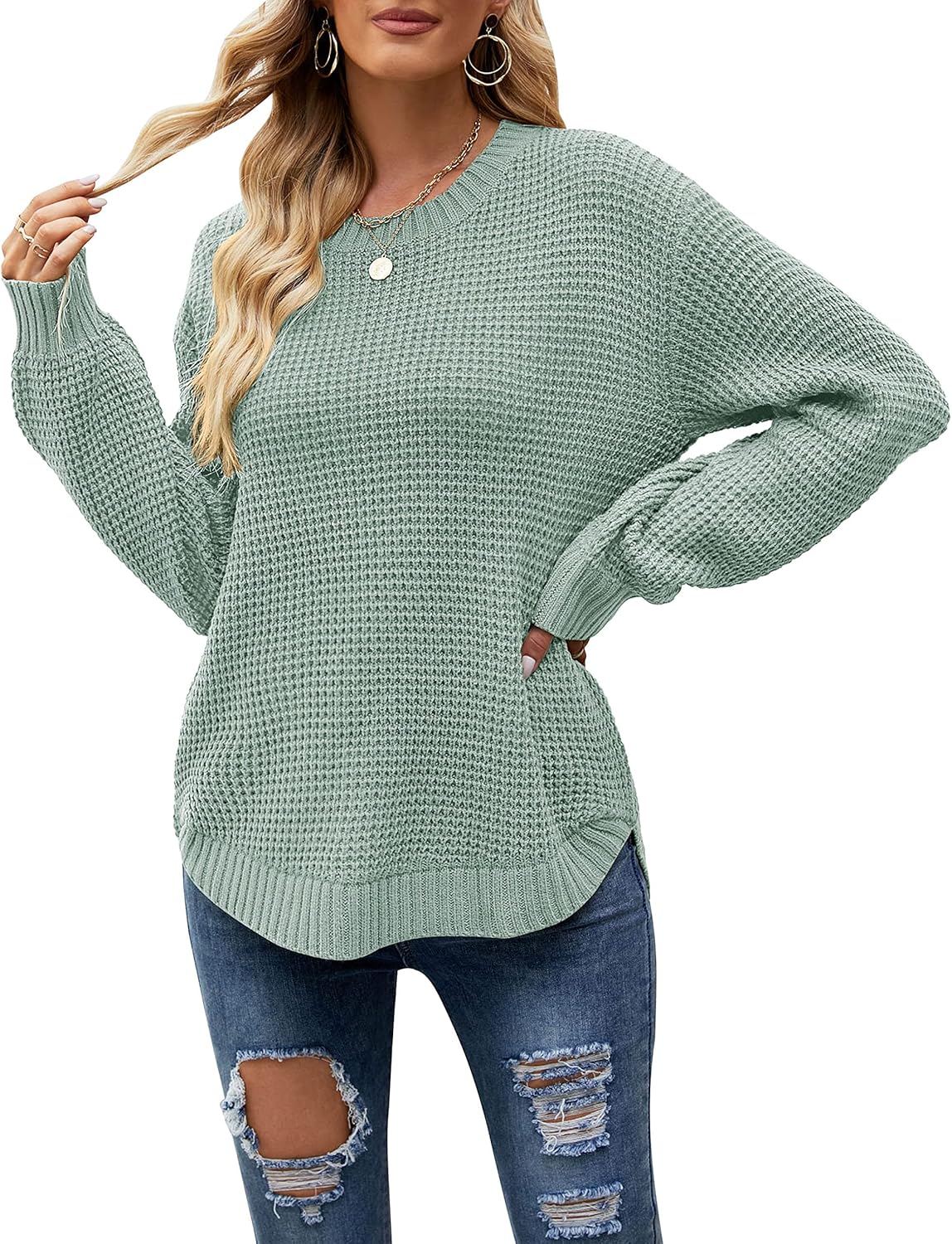 MEROKEETY Women's Winter Fall Long Sleeve Tunic Sweaters 2026 Casual Trendy Crew Neck Waffle Knit Pullover Tops Jumper