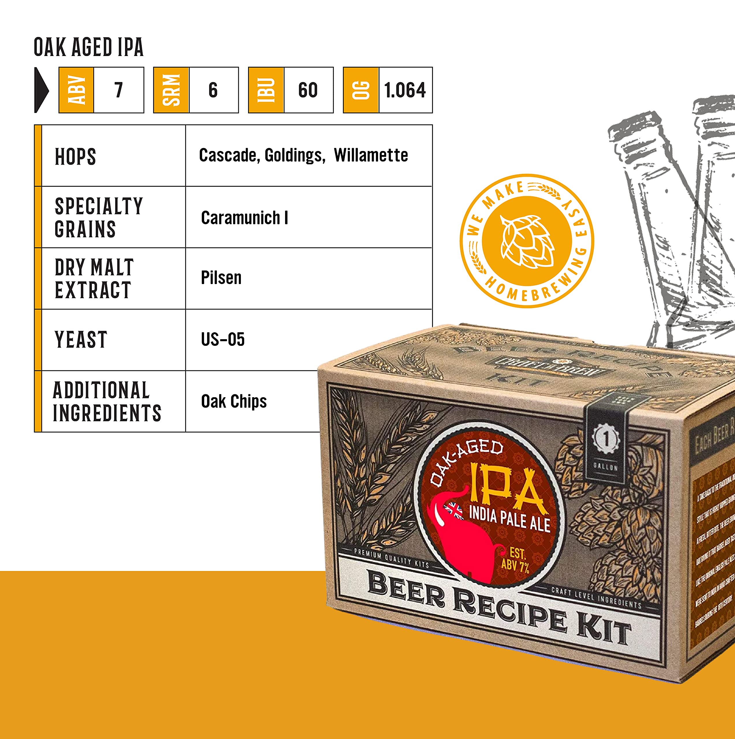 Craft A Brew Kit de recetas – Recambio IPA envejecido de roble – 1 galón – Ingredientes para cerveza casera